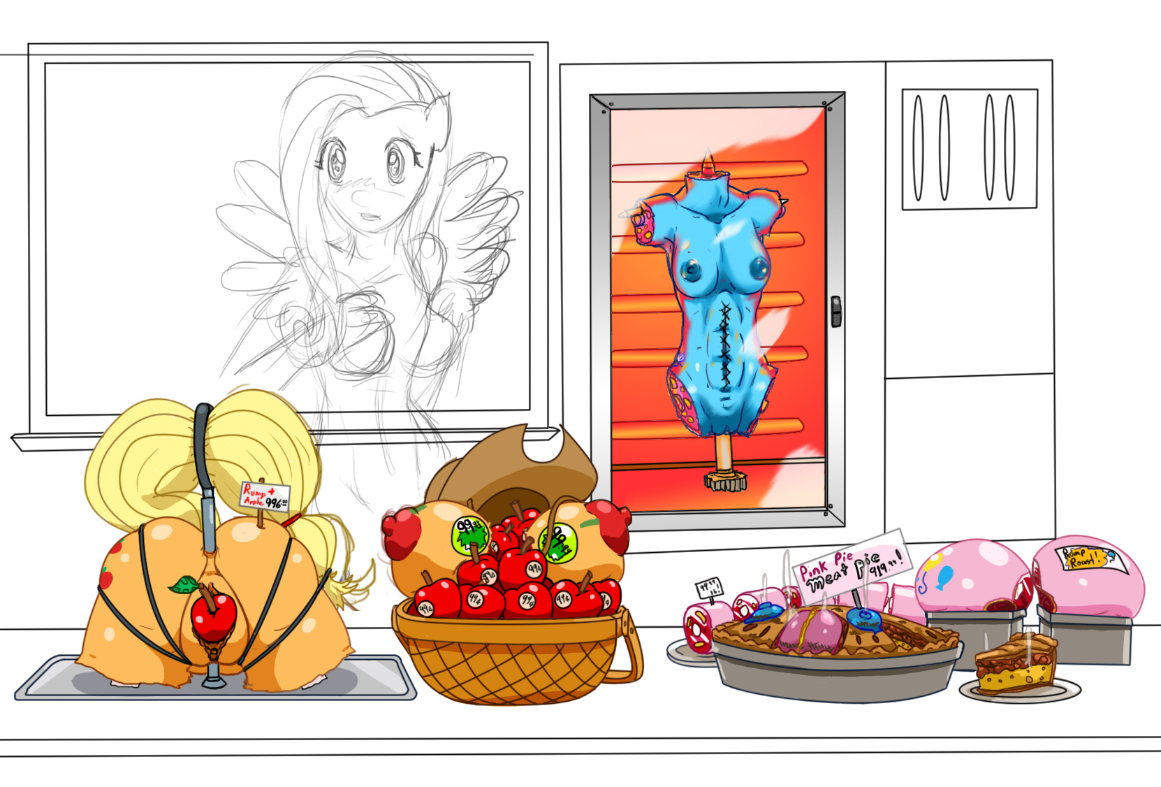 2153897 - explicit, grimdark, grotesque, artist:jimsugomi, applejack,  fluttershy, pinkie pie, rainbow dash, human, anthro, g4, abuse, anal  insertion, anus, areola, armpits, balloonbutt, blood, both cutie marks,  breasts, cannibalism, casual nudity ...