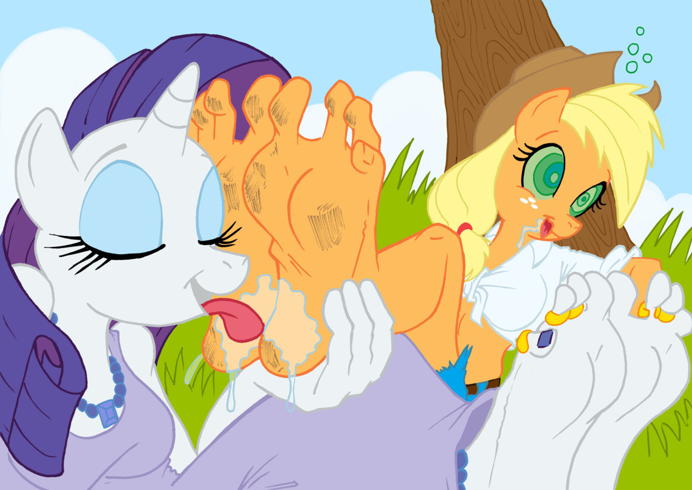 2243272 - suggestive, artist:jinkslizard, applejack, rarity, anthro,  plantigrade anthro, g4, barefoot, dirty, dirty feet, feet, female, fetish, foot  fetish, foot worship, hypnosis, lesbian, licking, licking foot, toe ring -  Derpibooru