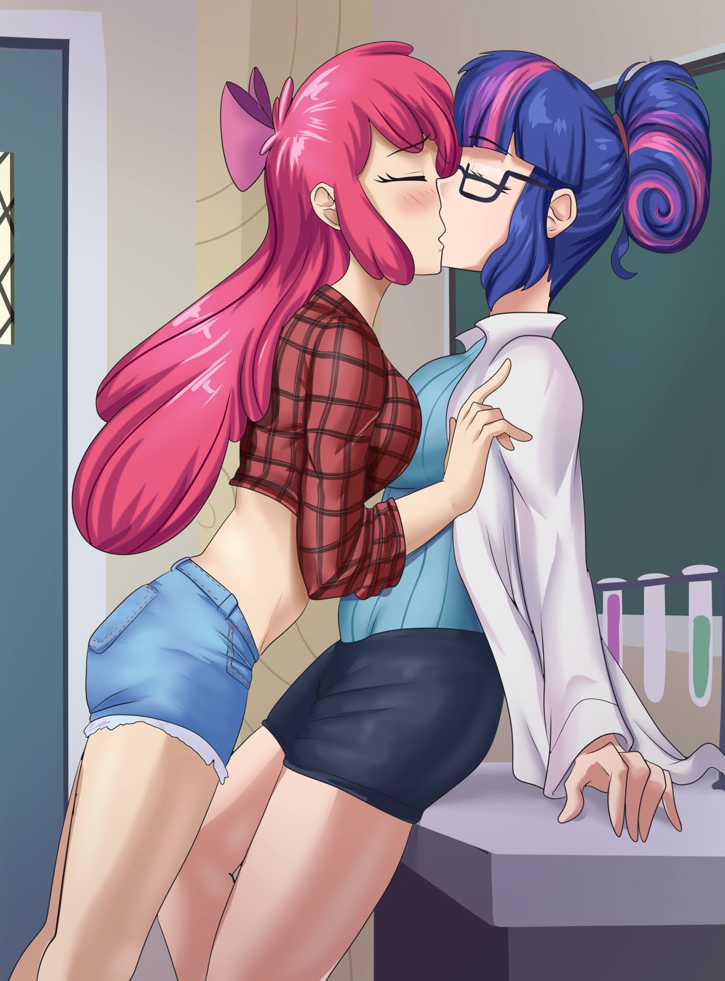 2456597 - suggestive, artist:thebrokencog, apple bloom, sci-twi, twilight  sparkle, human, equestria girls, age difference, anime, anime style,  blushing, bow, breasts, busty apple bloom, busty sci-twi, busty twilight  sparkle, clothes, commission, crack ...
