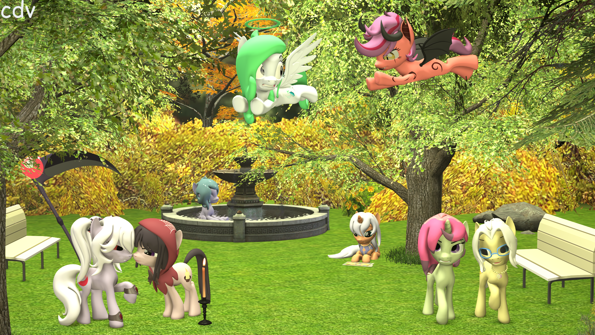 2465737 - safe, artist:cdv, derpibooru exclusive, oc, oc only, oc:azha  magna, oc:dream-reaper, oc:erwiene, oc:flickering candle, oc:mimus,  oc:radiant quartz, oc:spicy flavor, oc:void bloom, pony, mlp fim's tenth  anniversary, 3d, bench, candle, fountain ...