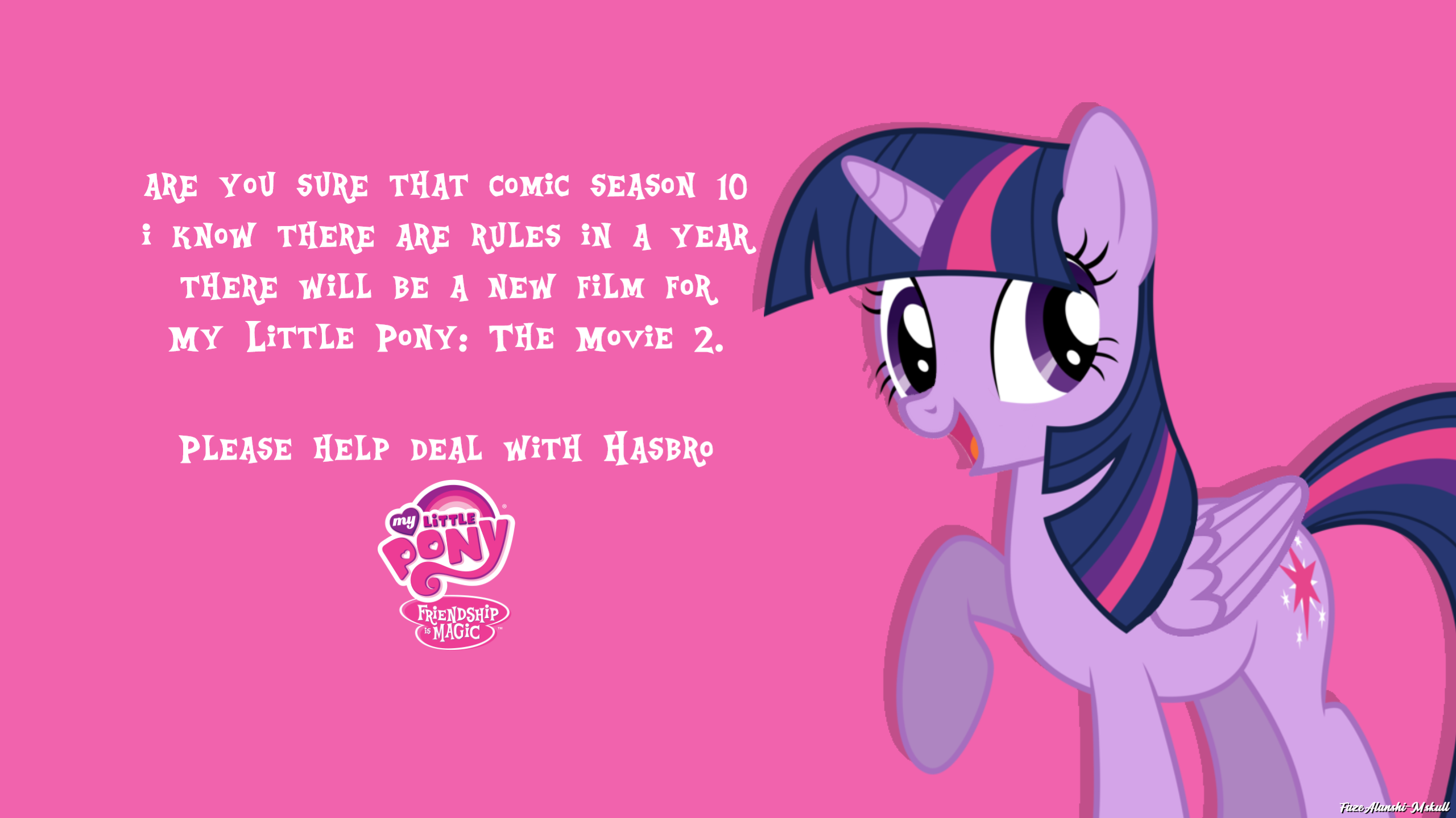 2471758 - safe, artist:faze-alan-mskull2019, twilight sparkle, alicorn,  pony, caption, cute, engrish, female, logo, looking at you, mare, my little  pony logo, op can't let go, pink background, simple background, smiling,  solo, text,