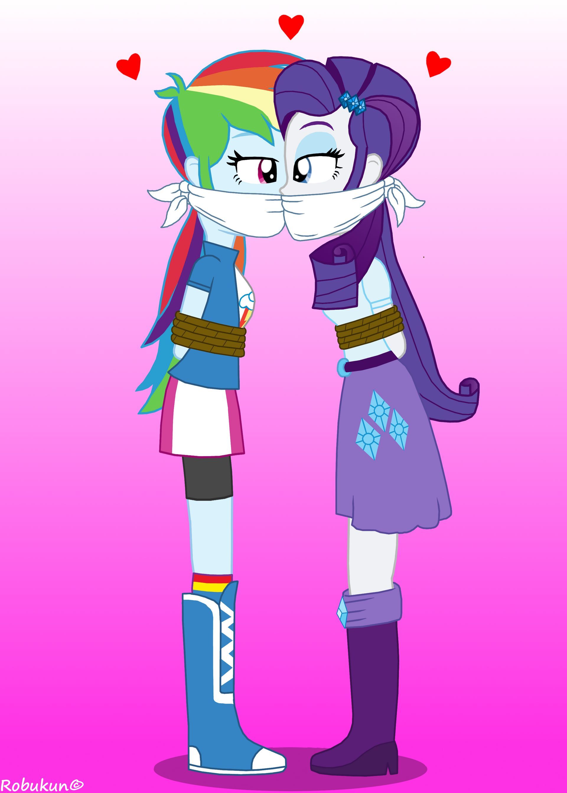 2489100 - safe, artist:robukun, rainbow dash, rarity, equestria girls, g4,  arm behind back, bondage, bound and gagged, cloth gag, dashsub, female,  femsub, floating heart, gag, heart, kissing, lesbian, looking at each other,