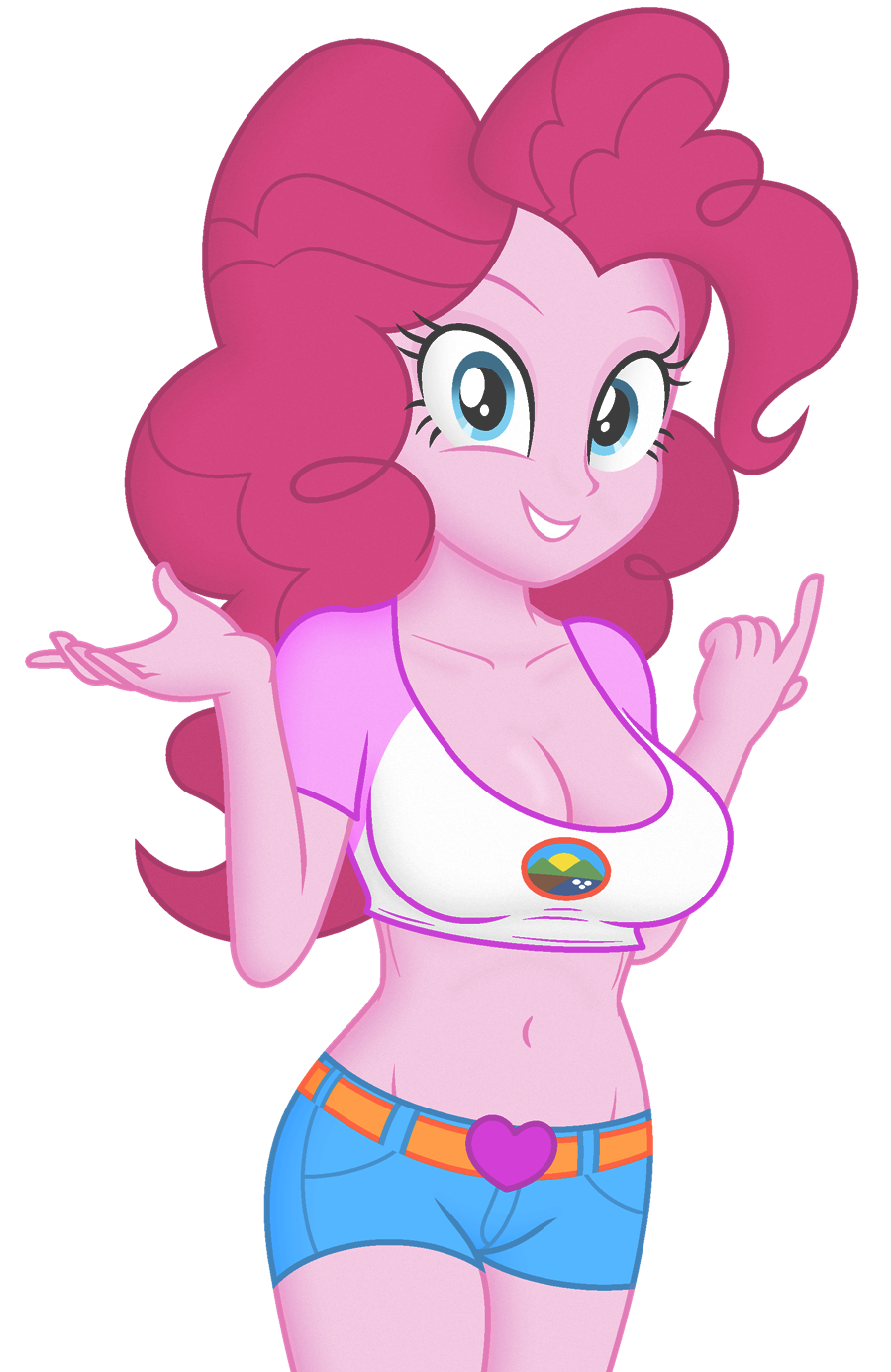 1078559 - artist:chigusa, belly button, big breasts, breast envy, breasts,  busty pinkie pie, clothes, curvy, cutie mark on human, daisy dukes,  derpibooru import, female, huge breasts, human, humanized, midriff, mobile  phone, open