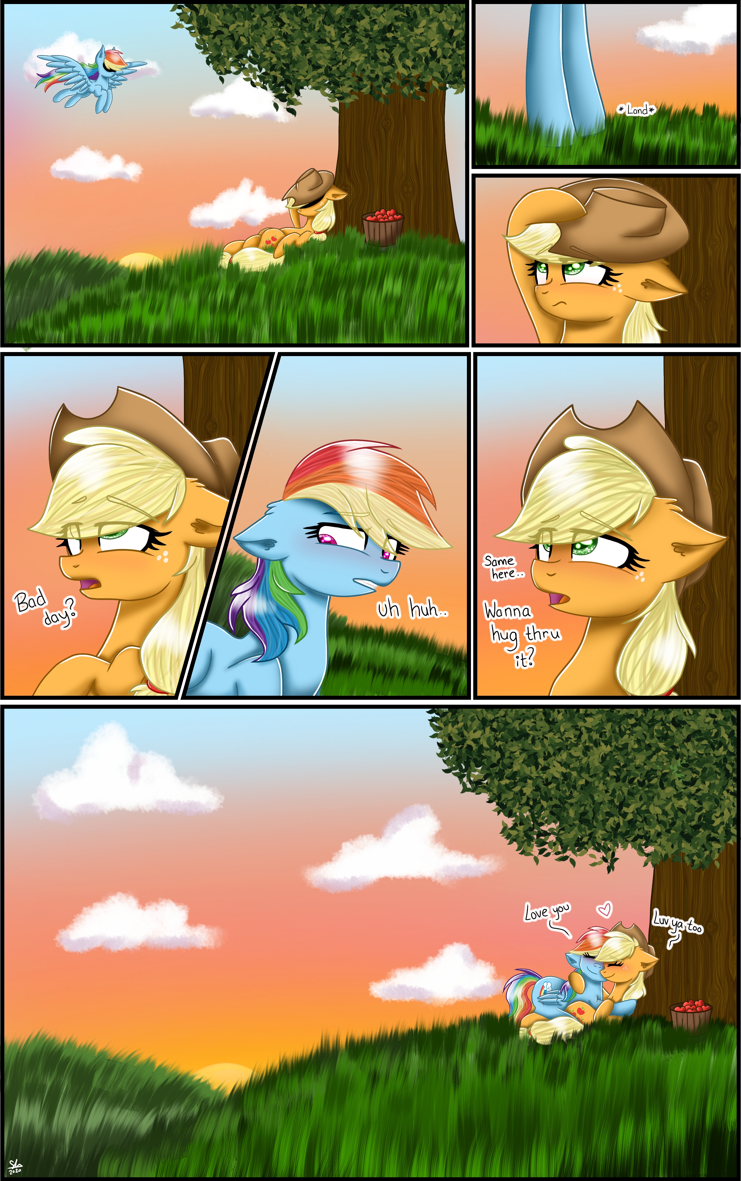 2493534 - safe, artist:galaxy swirl, applejack, rainbow dash, earth pony,  pegasus, pony, g4, blushing, comic, dialogue, eyes closed, female,  floating, hug, lesbian, ship:appledash, shipping, smiling - Derpibooru