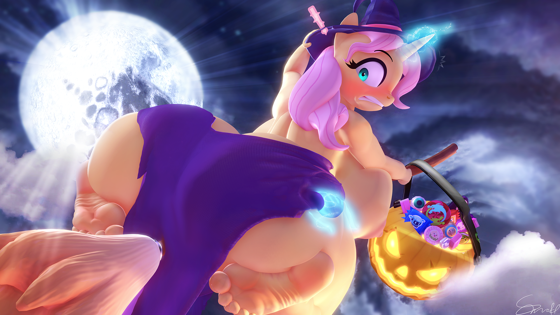 2484799 - questionable, artist:snuddy, fluttershy, unicorn, anthro,  plantigrade anthro, g4, 3d, ass, big breasts, blushing, breasts, broom,  busty fluttershy, butt, candy, clothes, costume, feet, female, flutterbutt,  flying, flying broomstick, food ...
