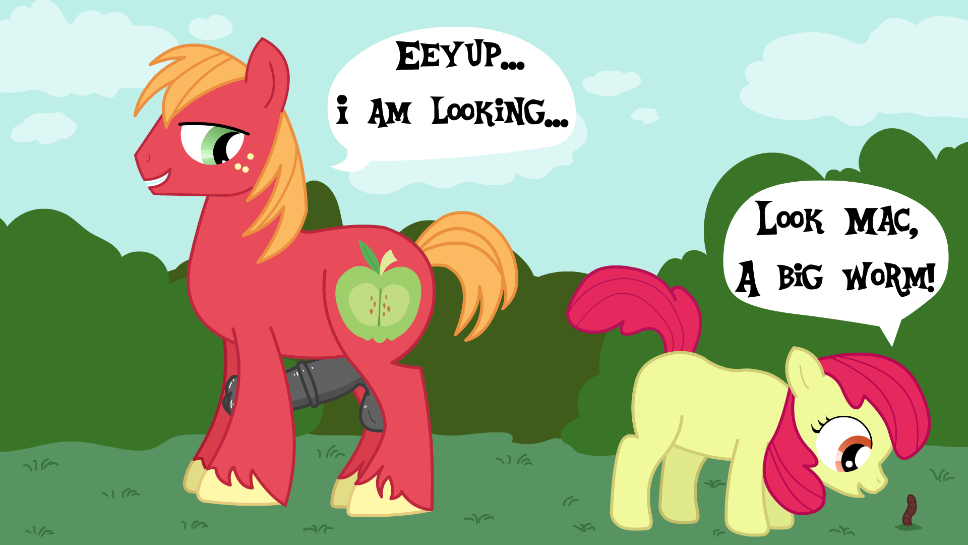 2499979 - explicit, artist:just-a-pervert, apple bloom, big macintosh,  earth pony, pony, worm, applecest, balls, brother and sister, dialogue,  erection, female, foalcon, horsecock, imminent sex, incest, male, nudity,  outdoors, penis, show accurate, sho