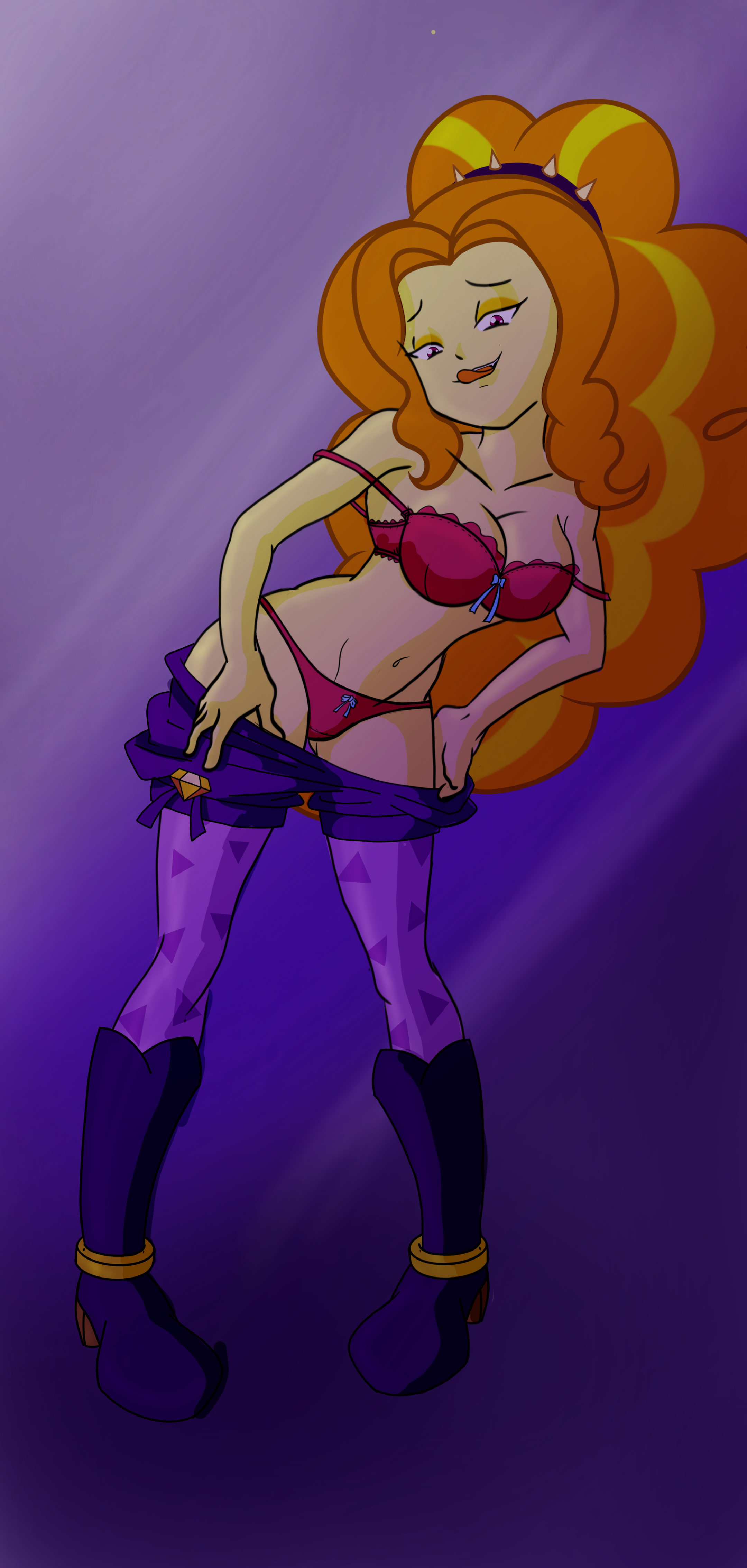 2504264 - suggestive, artist:smoker, adagio dazzle, equestria girls, g4,  belly button, bra, breasts, cleavage, clothes, female, panties, red bra,  red panties, red underwear, solo, solo female, the dazzlings, underwear,  undressing - Derpibooru