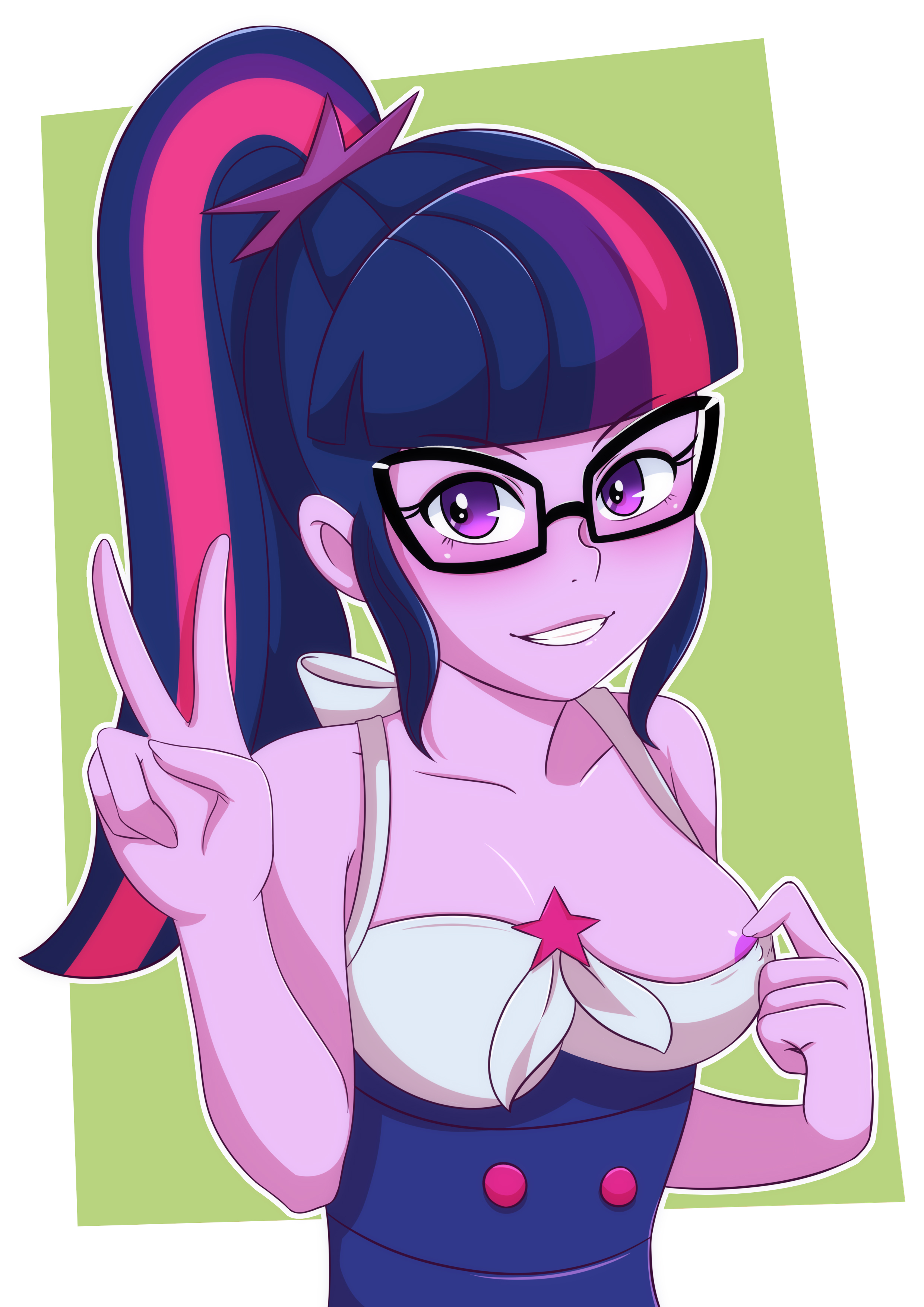 2267198 - questionable, artist:morfinared, sci-twi, twilight sparkle,  equestria girls, g4, areola, areola slip, blushing, breasts, clothes,  exposed, female, grin, high res, looking at you, nipple slip, nipples,  nudity, peace sign, ponytail, smiling,