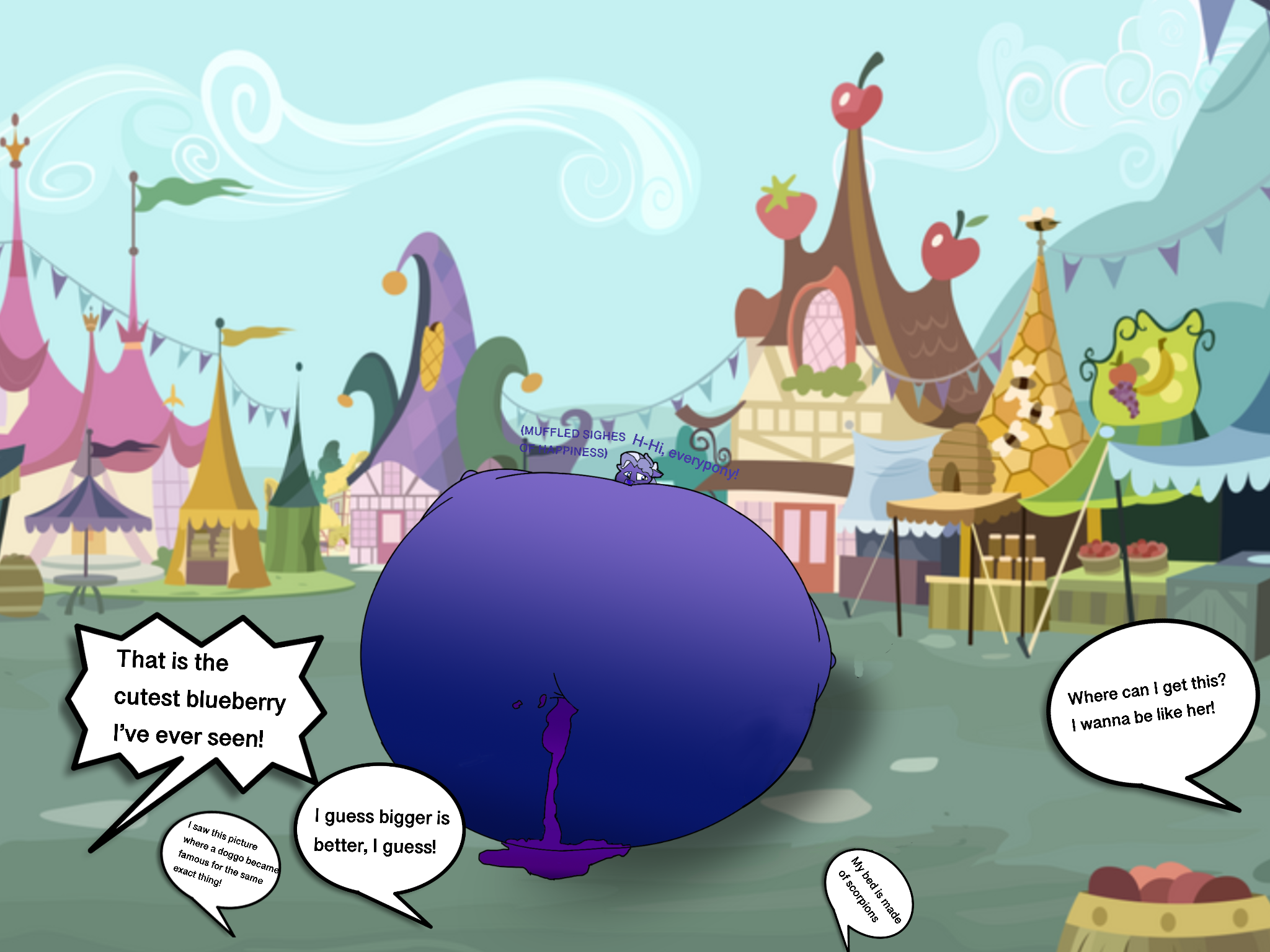 2306839 - questionable, oc, oc:buttercream, belly button, blueberry, blueberry  inflation, cute, food, inflation, juicy, leaking, ponyville, round,  spherical inflation, text bubbles - Derpibooru