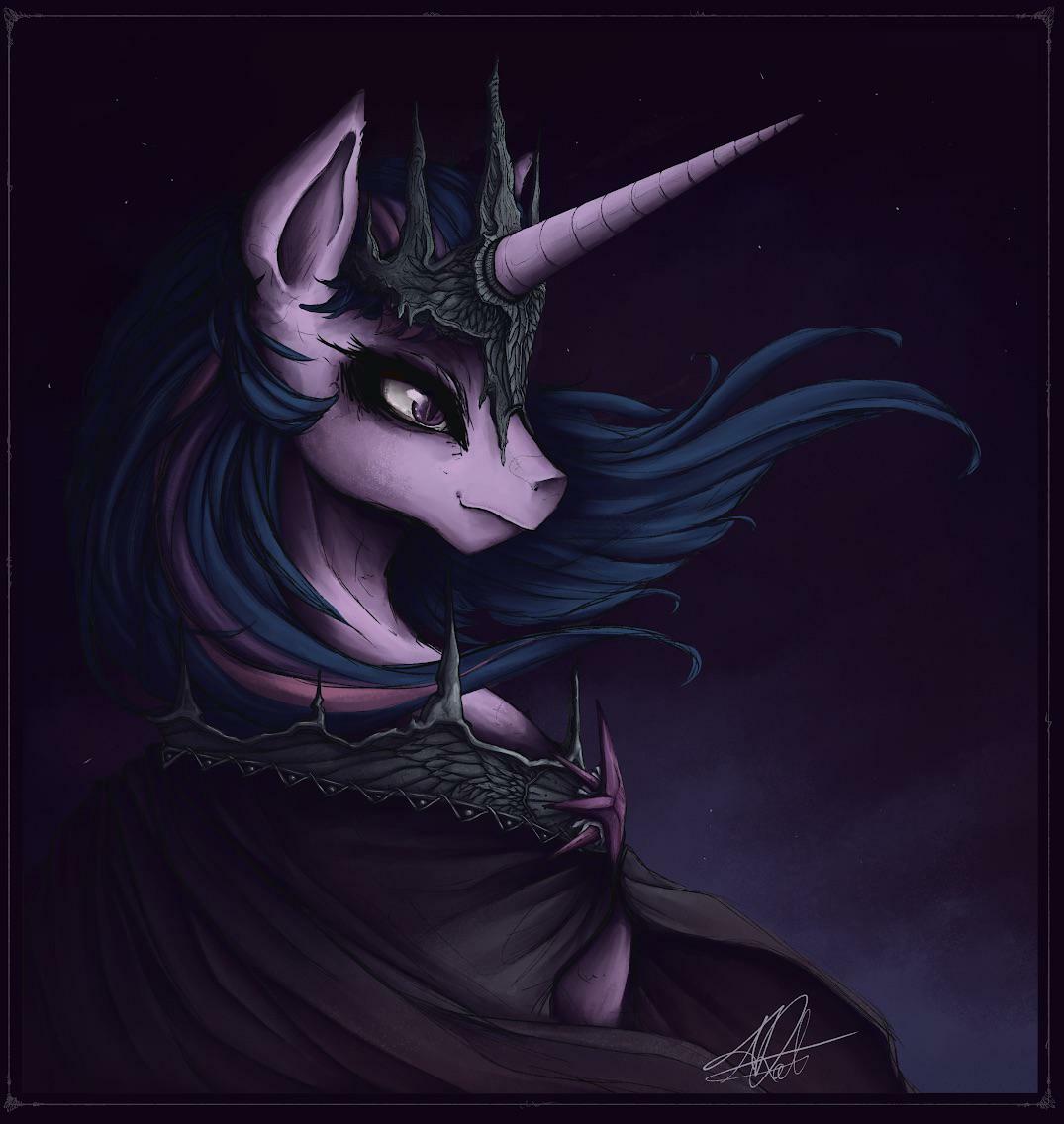 2326022 - safe, artist:aserehtblue, twilight sparkle, alicorn, pony, bust,  cape, cloak, clothes, crown, dark, dark background, evil twilight,  eyeshadow, female, jewelry, makeup, painting, regalia, solo, twilight  sparkle (alicorn), tyrant sparkle ...