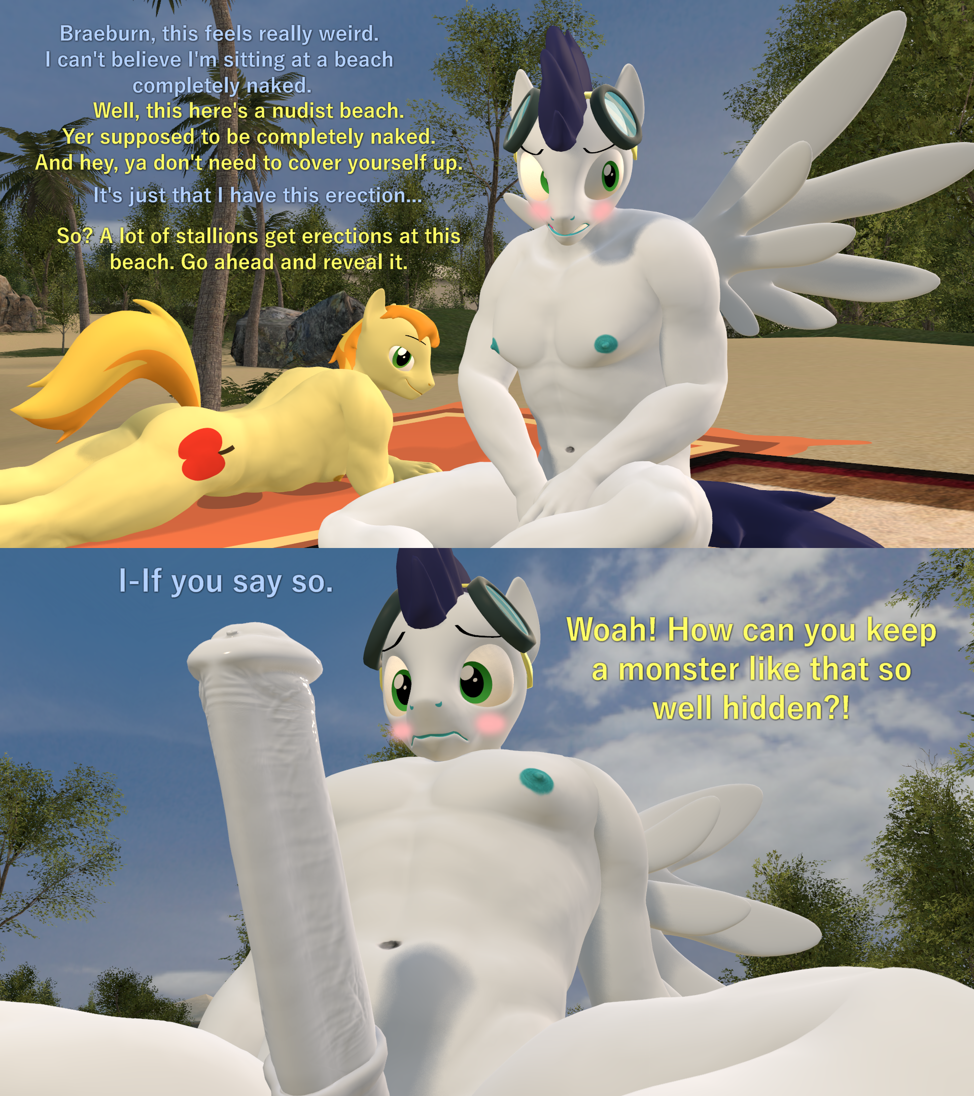 2317588 - explicit, artist:papadragon69, braeburn, soarin, pegasus,  anthro, g4, 3d, ass, beach, blushing, braebutt, butt, casual nudity, comic,  covering, goggles, horsecock, male, male nipples, males only, nipples, nude  beach, nudist, nudity, penis,