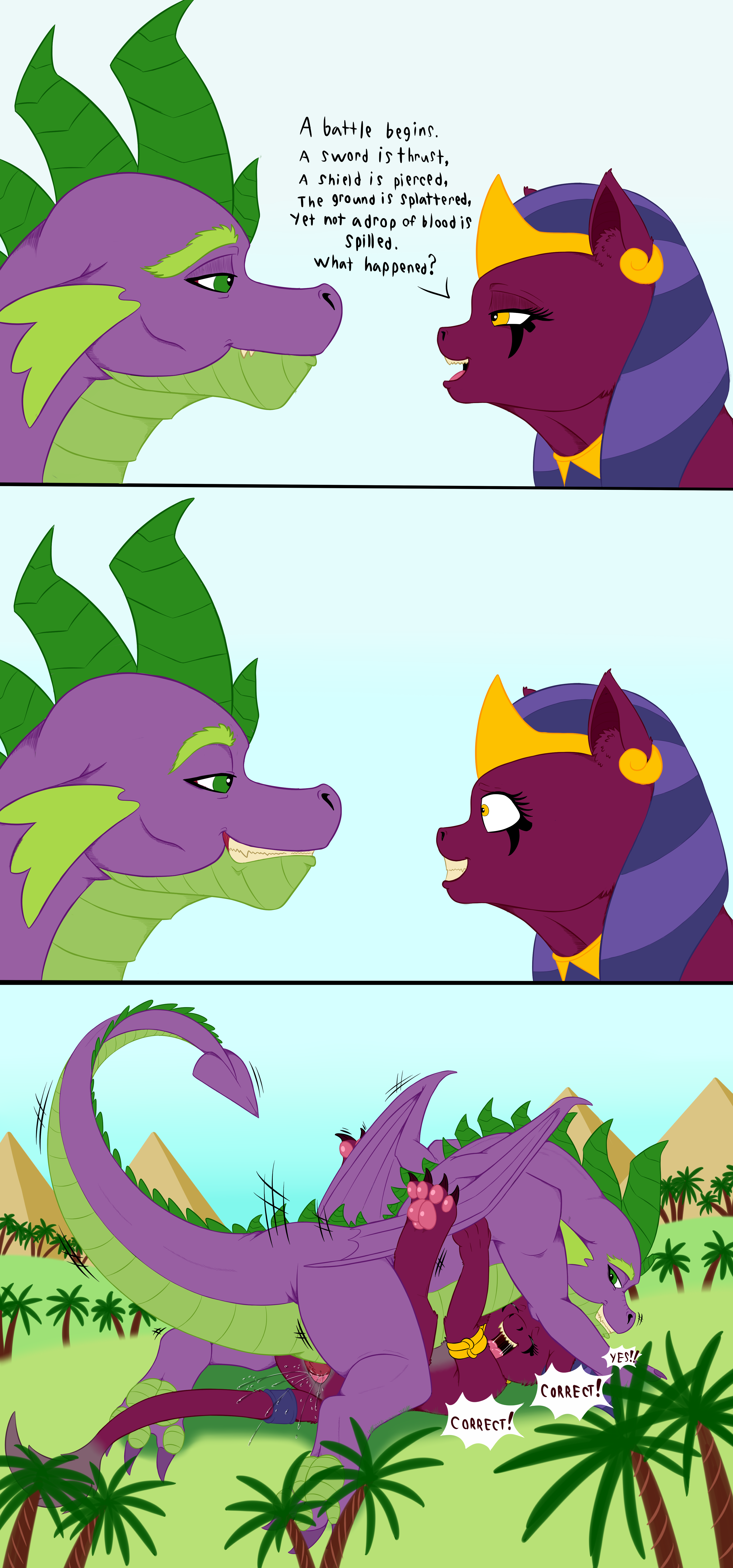 2353042 - explicit, artist:exelzior, spike, the sphinx, dragon, sphinx, g4,  and then sex happened, anus, bedroom eyes, clopfic in description, comic,  eye contact, female, giant sphinx, grin, looking at each other, macro,