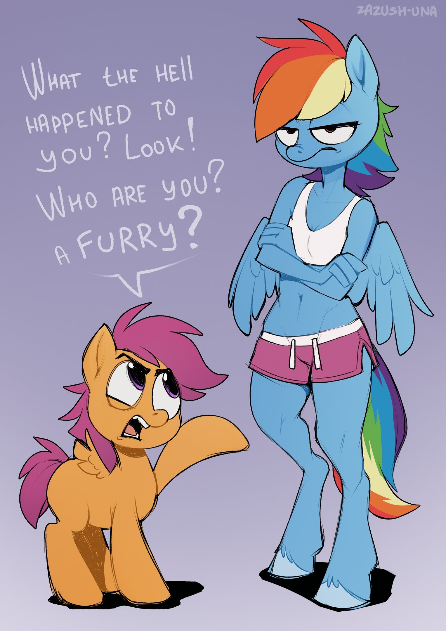 Rainbow Dash And Scootaloo Lesbians - 2361740 - safe, artist:hattiezazu, rainbow dash, scootaloo, pegasus, pony,  anthro, unguligrade anthro, annoyed, anthro with ponies, crossed arms, duo,  female, filly, gradient background, mare, unshorn fetlocks - Derpibooru