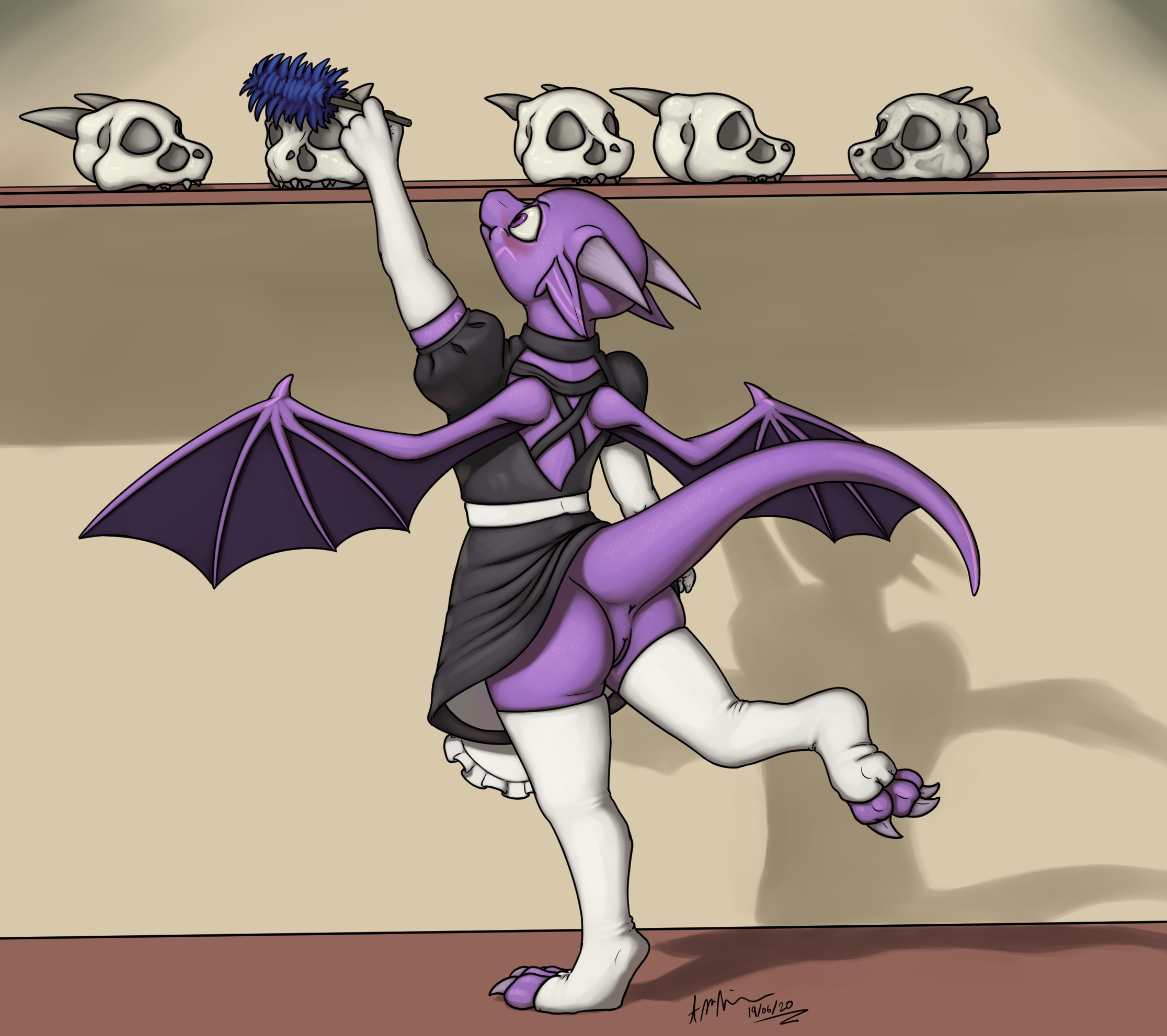 2378820 - explicit, artist:theandymac, oc, oc only, oc:tempus incurvo,  dragon, accidental flashing, anus, blushing, bottomless, cleaning, clothes,  commission, crossdressing, dragon oc, dress, duster, embarrassed, fetish,  flustered, full color, furry ...