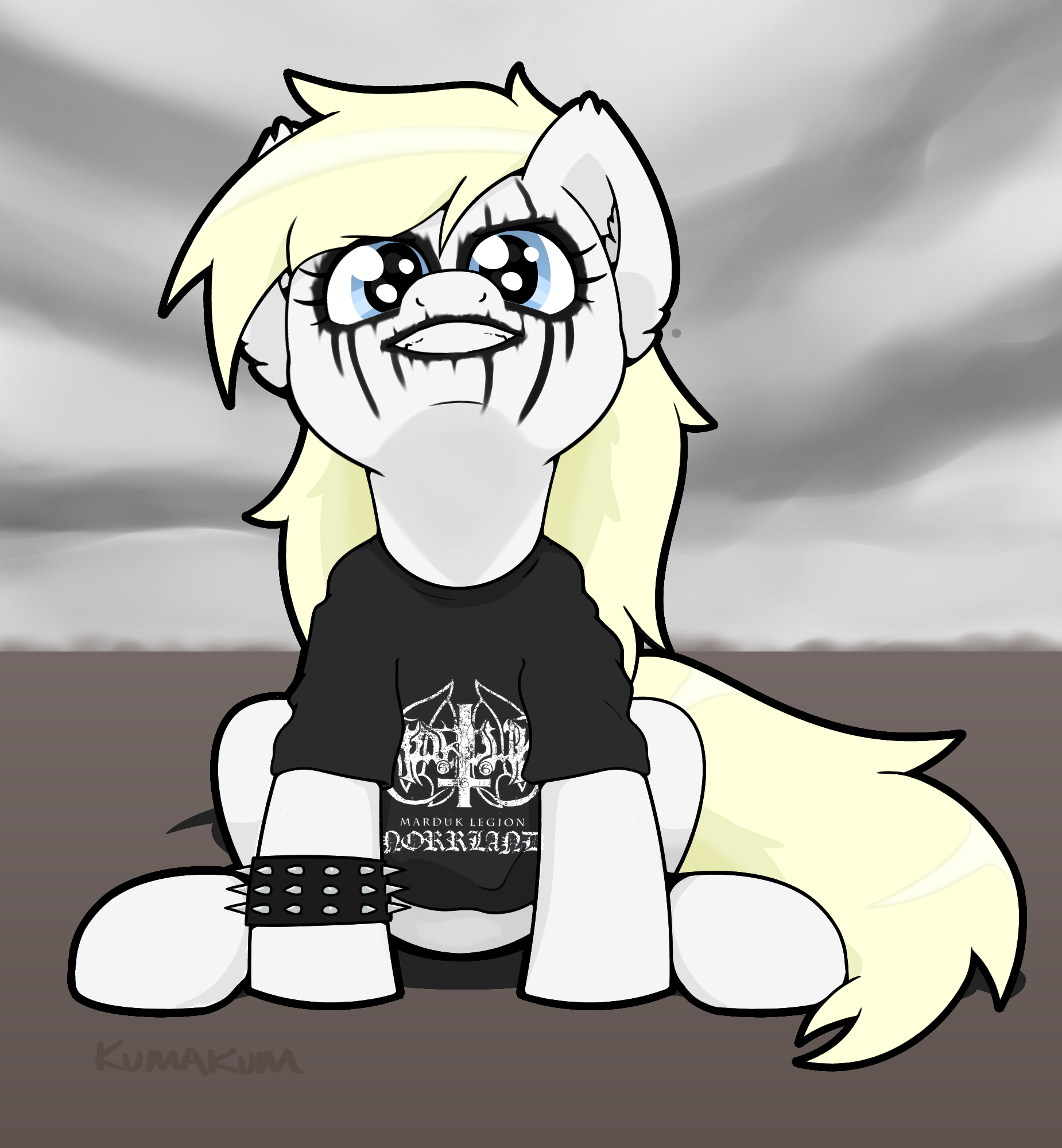 2385660 - safe, artist:kumakum, oc, oc:aryanne, pony, black metal,  blackletter, clothes, corpse paint, face paint, grin, marduk (band), metal,  metalhead, nazi, nazipone, shirt, signature, simple background, sitting,  smiling, solo, spiked wristband, t ...