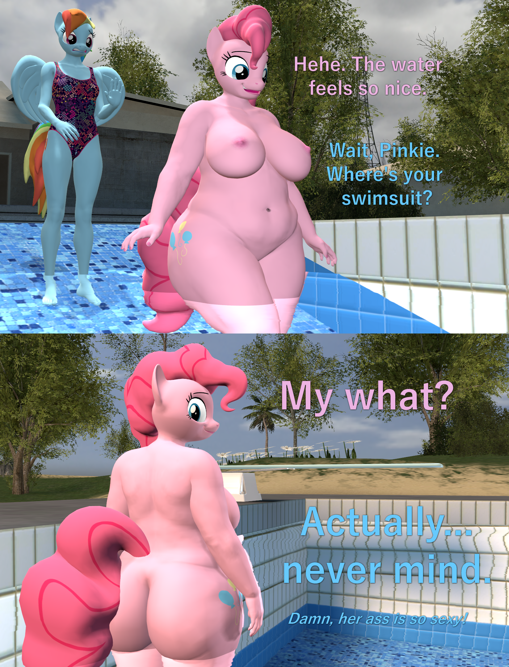 1648px x 2160px - 2386926 - explicit, artist:papadragon69, pinkie pie, rainbow dash, earth  pony, pegasus, anthro, plantigrade anthro, 3d, ass, balloonbutt, belly  button, big breasts, breasts, busty pinkie pie, butt, casual nudity, chubby,  clothed female nude