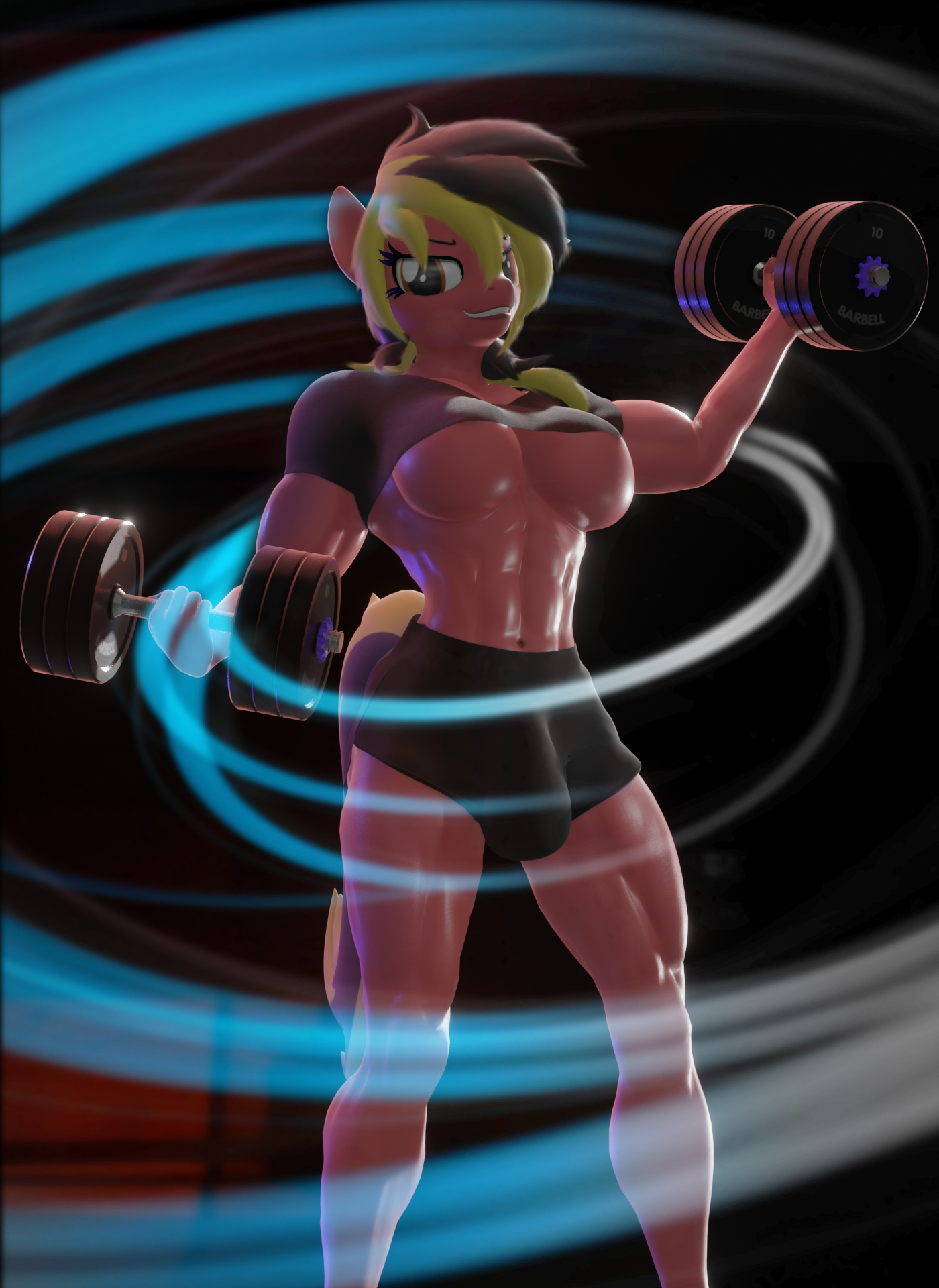 2365152 - questionable, artist:unnero1, oc, oc only, oc:high gear, earth  pony, anthro, 3d, abs, blender, breasts, clothes, crotch bulge, dickgirl,  dumbbell (object), female, futa, gym shorts, intersex, looking at you,  muscles, muscular