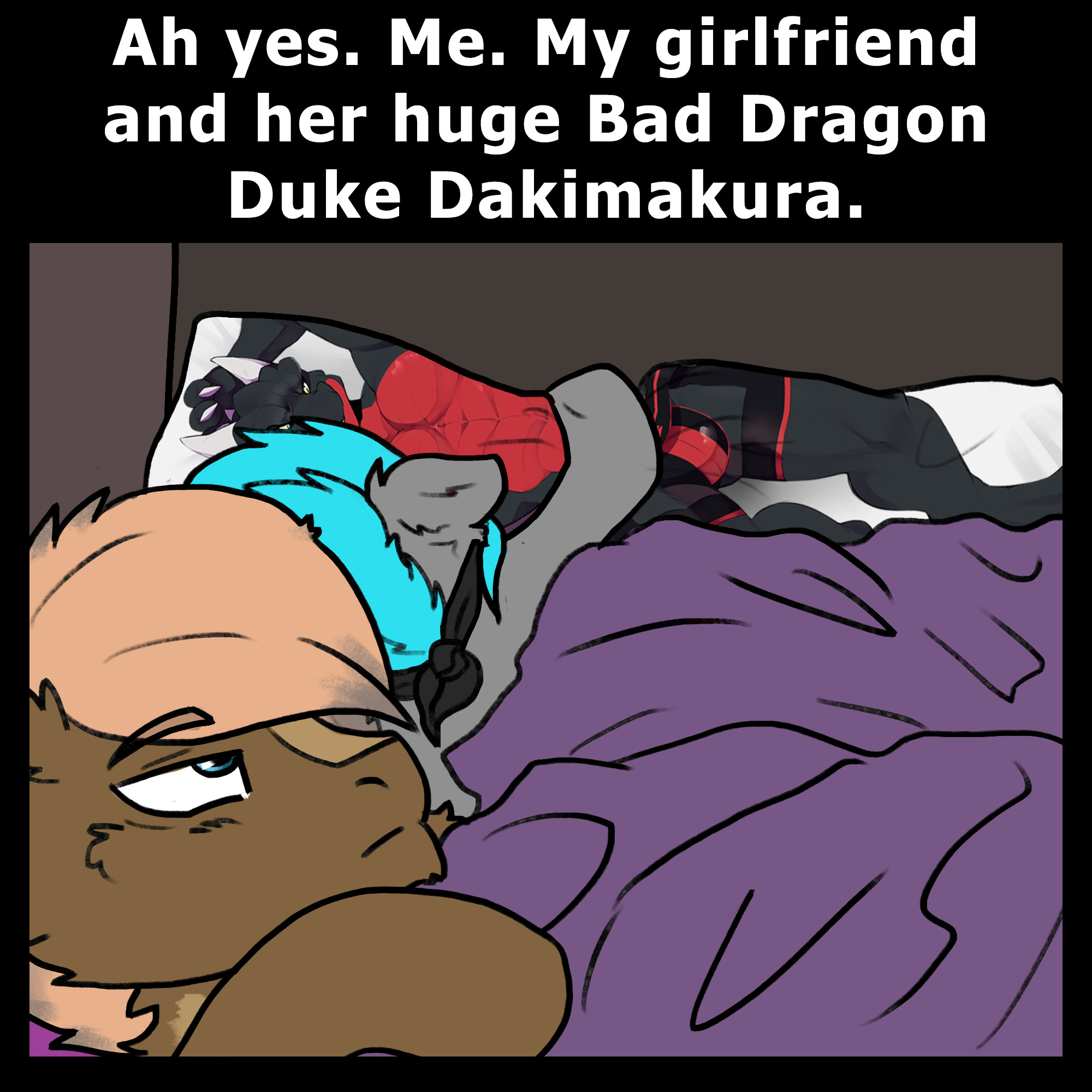 2402364 - questionable, artist:sorajona, oc, oc:sorajona, oc:sorajona  darkwing, oc:stormfire, oc:stormfire darkwing, pegasus, pony, anthro, ah  yes me my girlfriend and her x, annoyed look, bad dragon, bandana, bed,  blanket, blue hair, body