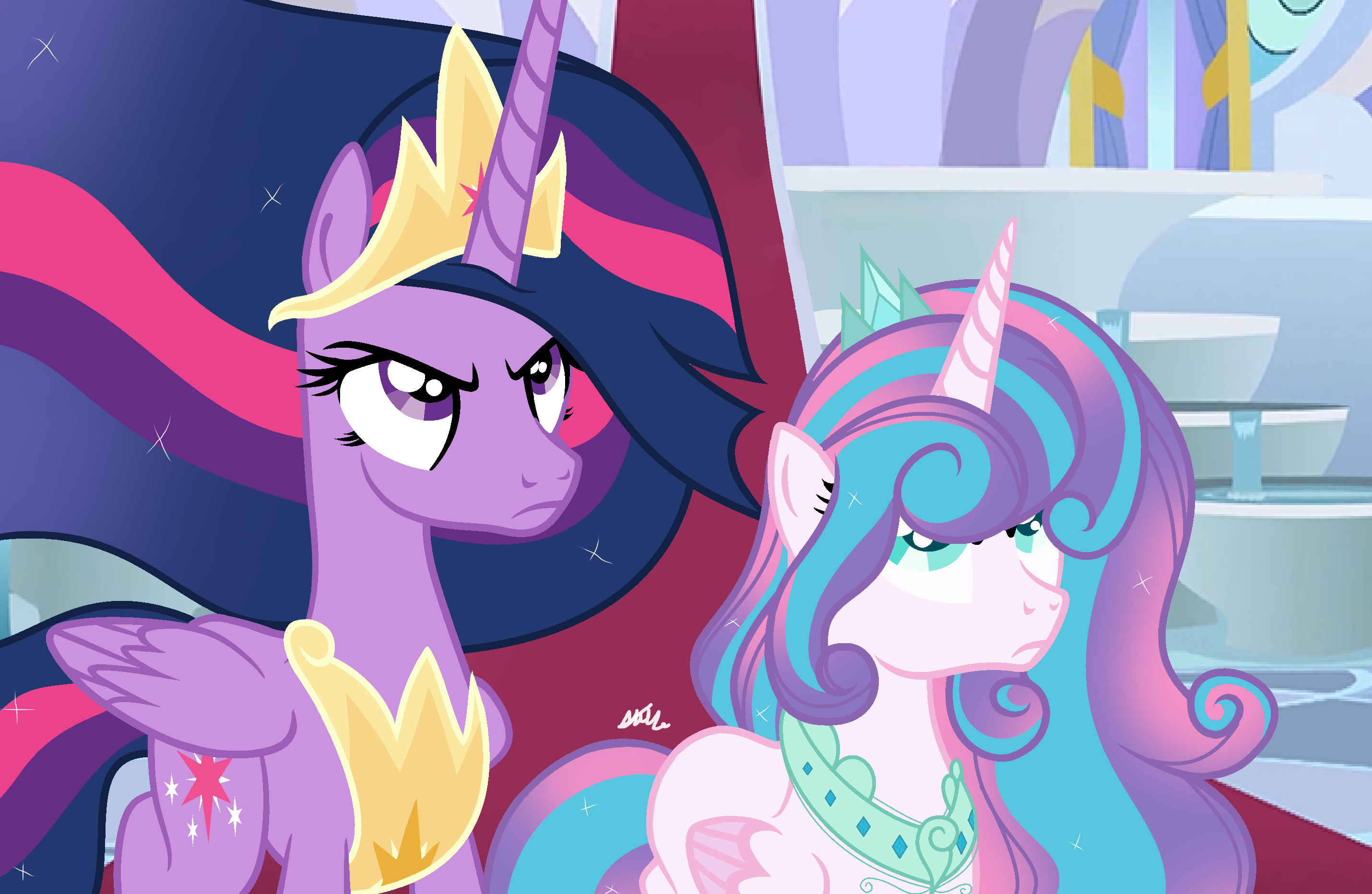 2413160 - safe, artist:stelladiamond, princess flurry heart, twilight  sparkle, alicorn, pony, the last problem, angry, aunt and niece, crown,  jewelry, older, older flurry heart, older twilight, princess twilight ,  regalia, twilight sparkle (