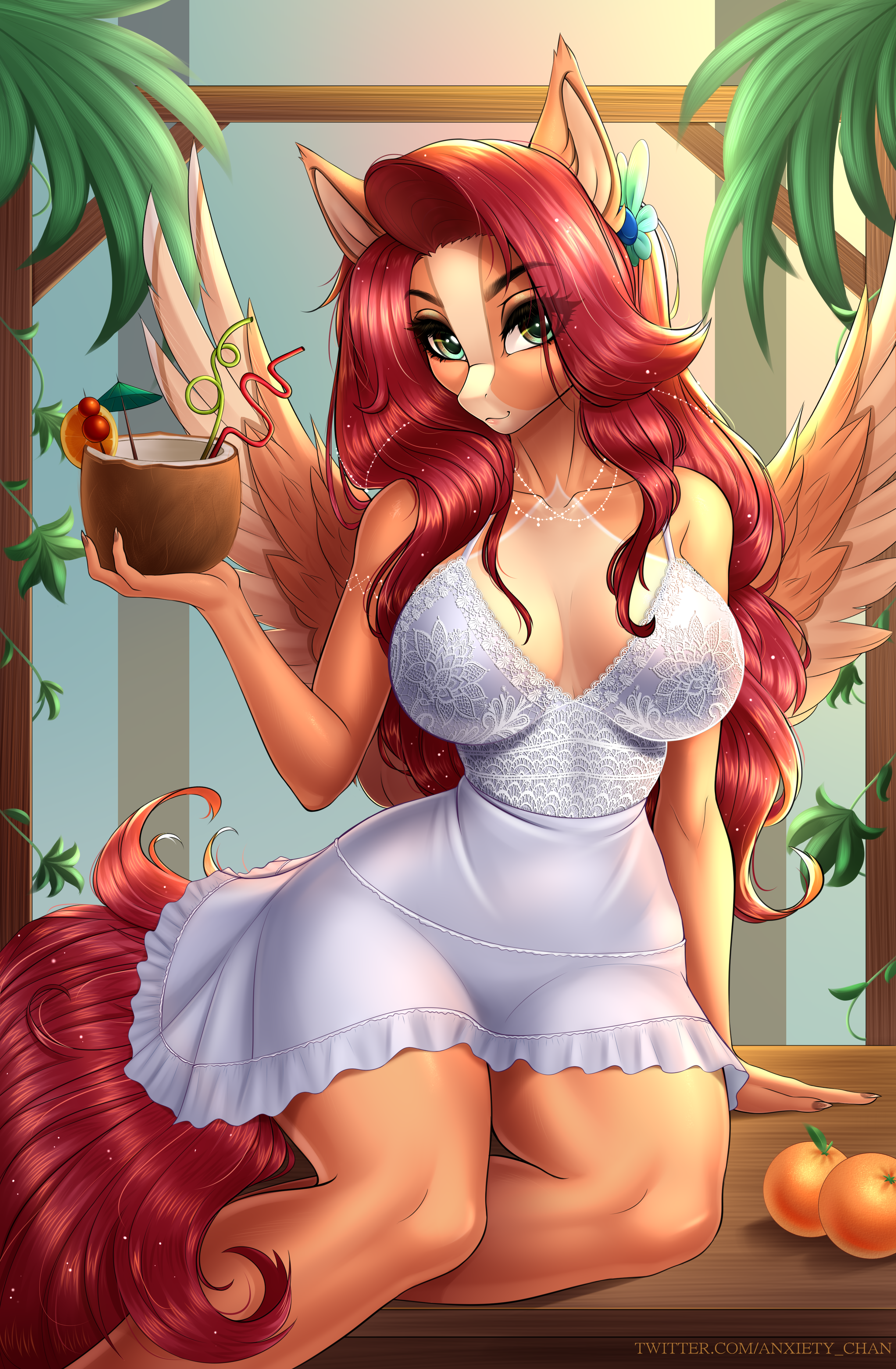 2441170 - suggestive, artist:anxiety-chan, oc, oc only, pegasus, anthro,  breasts, clothes, cocktail, dress, female, markings, pale belly, solo, solo  female, summer, wide hips - Derpibooru