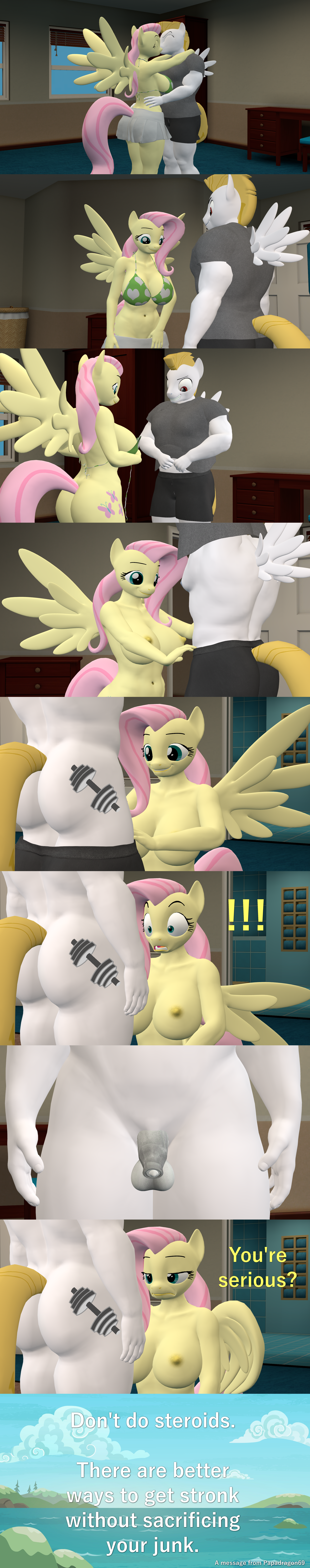 2531935 - explicit, artist:papadragon69, bulk biceps, fluttershy, pegasus,  anthro, g4, 3d, balls, belly button, breasts, busty fluttershy, butt,  comic, disappointed, female, flutterbutt, horsecock, implied drug use,  implied tail hole, kissing, lip bite,