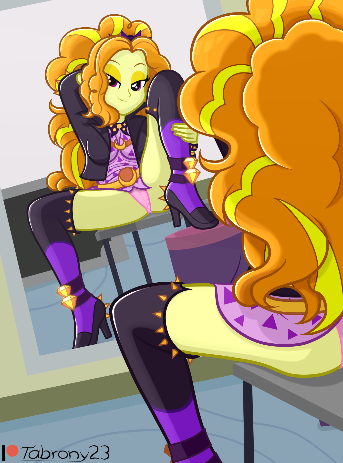 2523972 - suggestive, artist:tabrony23, adagio dazzle, equestria girls,  equestria girls series, g4, beautiful, bedroom eyes, boots, breasts, busty adagio  dazzle, chair, clothes, cute, female, high heel boots, jacket, leather,  leather jacket, looking