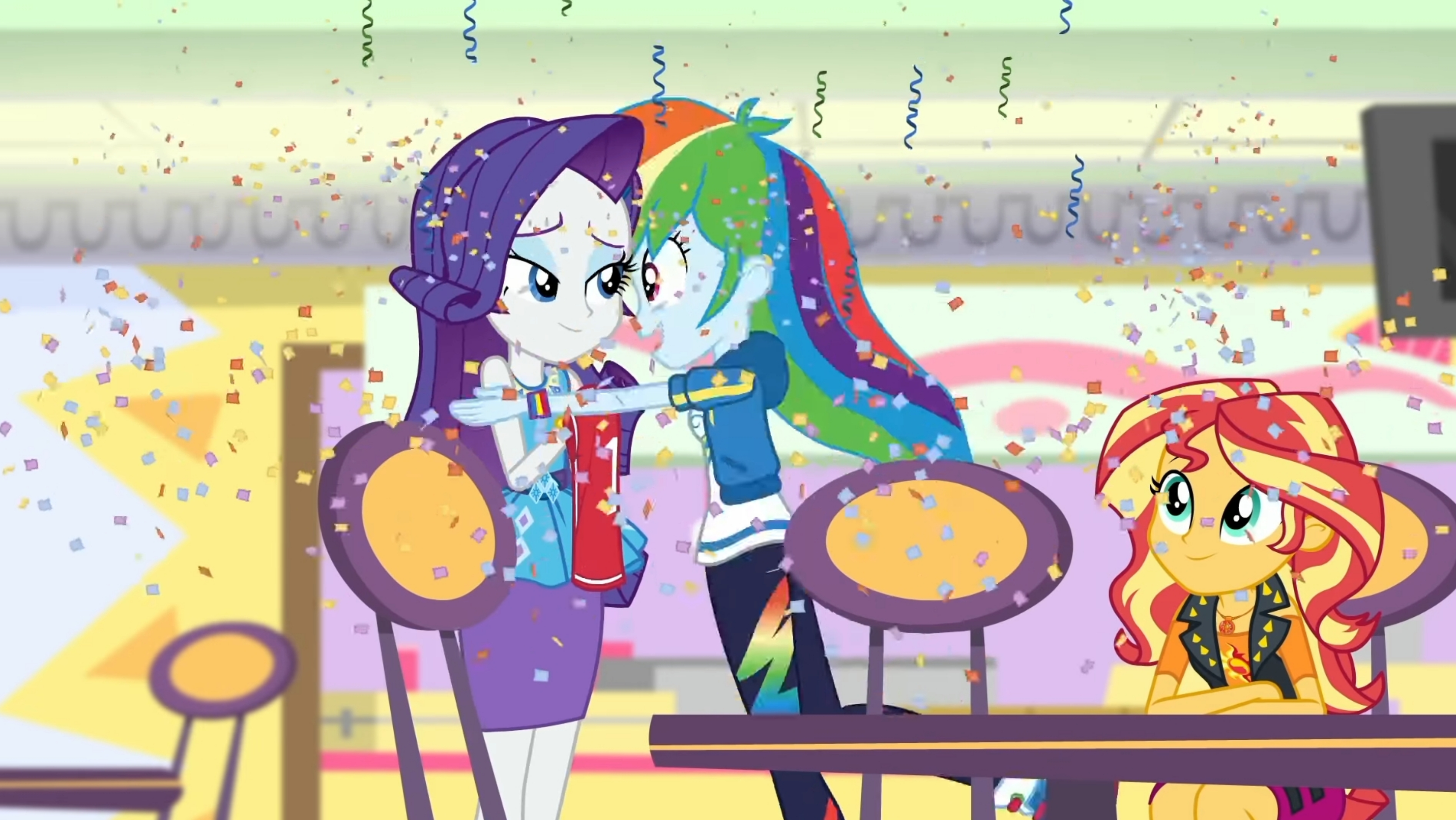 2727339 - safe, screencap, rainbow dash, rarity, sunset shimmer, dashing  through the mall, equestria girls, equestria girls series, g4, holidays  unwrapped, spoiler:eqg series (season 2), clothes, confetti, cutie mark,  cutie mark on