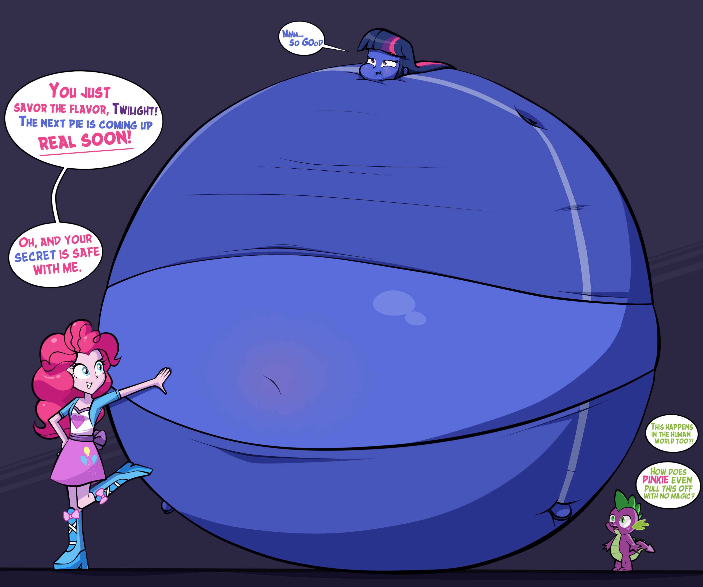 2713910 - questionable, artist:edgeofmind, artist:khxhero, pinkie pie,  spike, twilight sparkle, equestria girls, g4, belly, big belly, blueberry  inflation, charlie and the chocolate factory, high res, huge belly,  impossibly large belly, inflation, roald