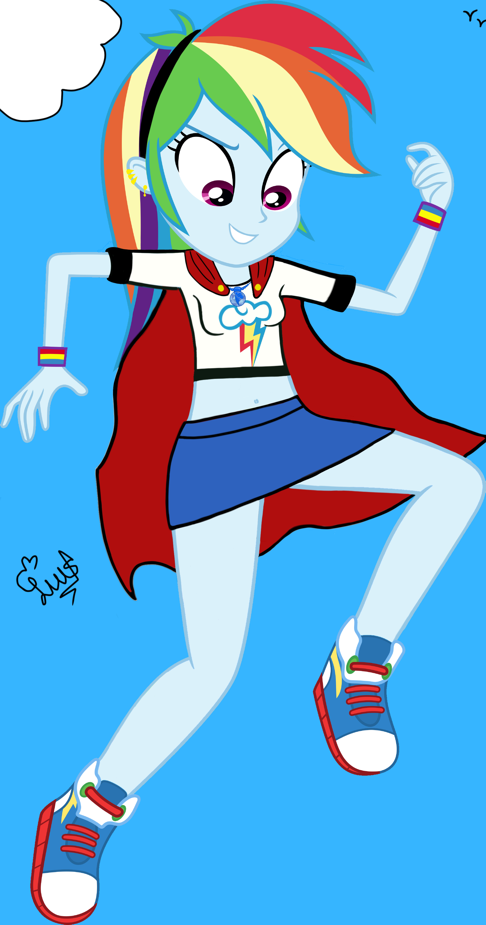 2731062 - safe, artist:flutteryaylove, edit, edited screencap, screencap,  rainbow dash, equestria girls, g4, cape, clothes, female, flying, grin,  high res, miniskirt, skirt, sky, smiling, solo, supergirl, superhero -  Derpibooru