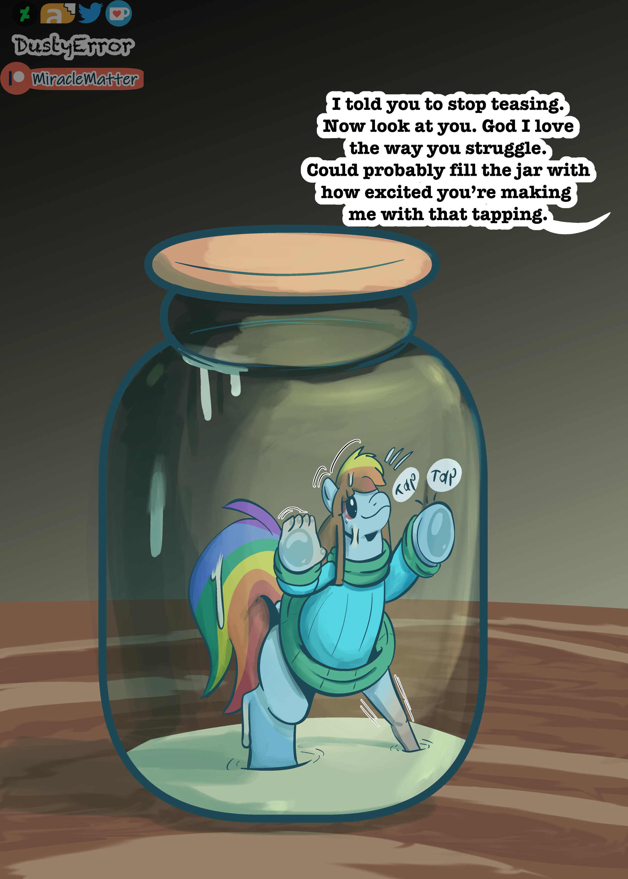 2731911 - explicit, artist:dustyerror, rainbow dash, oc, oc:cassette,  human, pegasus, pony, g4, against glass, bad end, clothes, cum, cum jar,  dash in a jar, dialogue, female, glass, high res, human to pony,