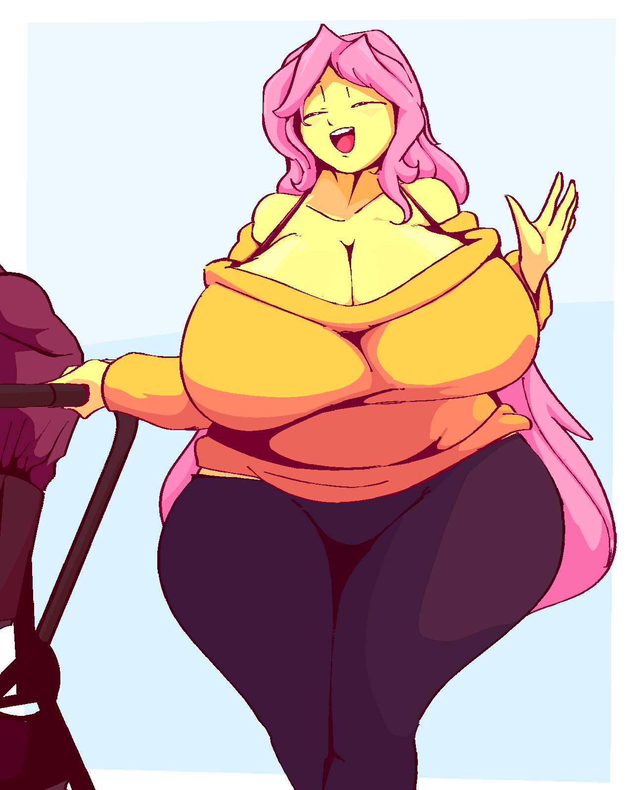 2759788 - suggestive, artist:bloobiesus, fluttershy, human, g4, big breasts,  breasts, busty fluttershy, curvy, eyes closed, huge breasts, humanized,  impossibly large breasts, open mouth, open smile, smiling, stroller, wide  hips - Derpibooru