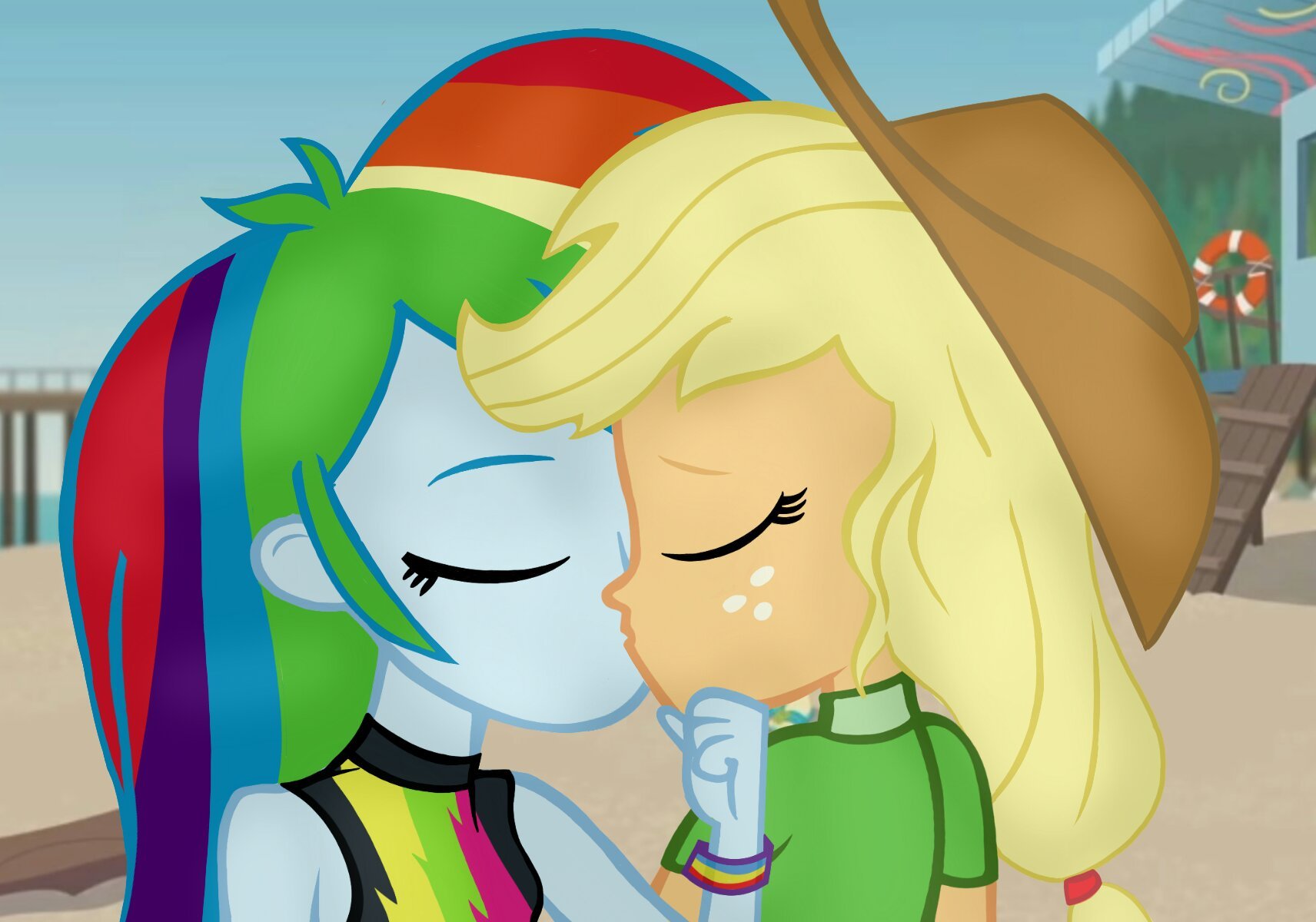 2537224 - safe, artist:yuan-rino, applejack, rainbow dash, equestria girls,  g4, anime, female, lesbian, ship:appledash, shipping - Derpibooru