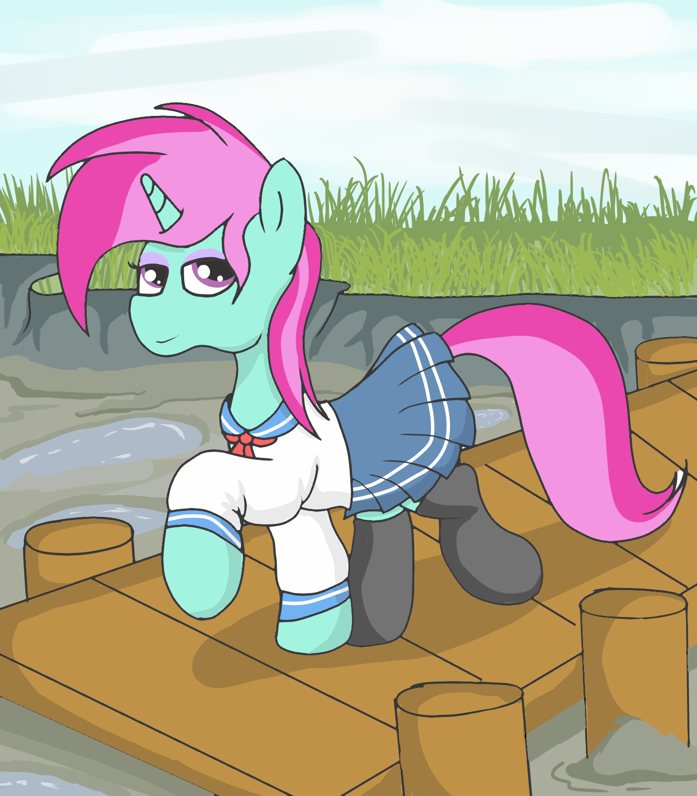 2566585 - safe, artist:amateur-draw, oc, oc:belle boue, pony, unicorn,  clothes, crossdressing, femboy, makeup, male, mud, pier, pleated skirt,  school uniform, skirt - Derpibooru