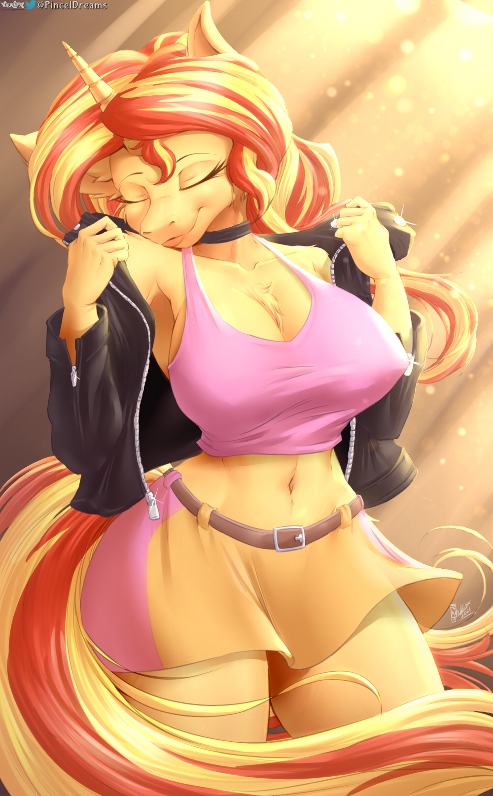 2585515 - suggestive, artist:viejillox64art, sunset shimmer, unicorn,  anthro, g4, belly button, belt, big breasts, braless, breasts, busty sunset  shimmer, chest fluff, choker, cleavage, clothes, erect nipples, eyes  closed, female, huge breasts, jacket,