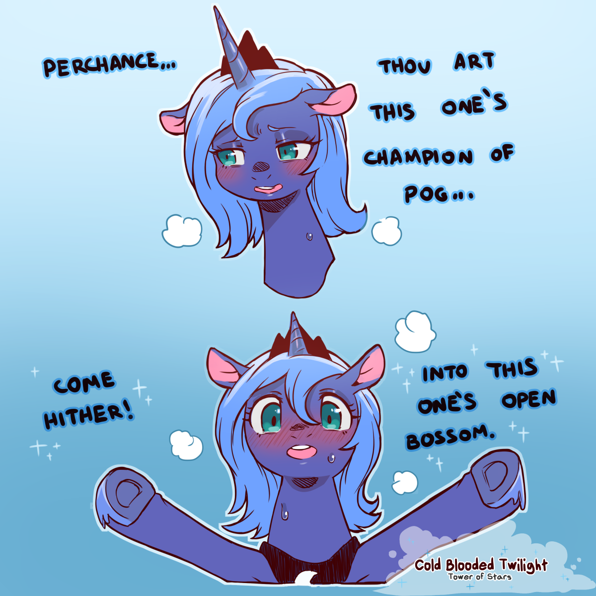 2618362 - safe, artist:cold-blooded-twilight, princess luna, alicorn, pony,  g4, blushing, blushing profusely, bronybait, crown, cute, dialogue, female,  floppy ears, hoof shoes, incoming hug, jewelry, looking at you, lunabetes,  mare, meme, my little