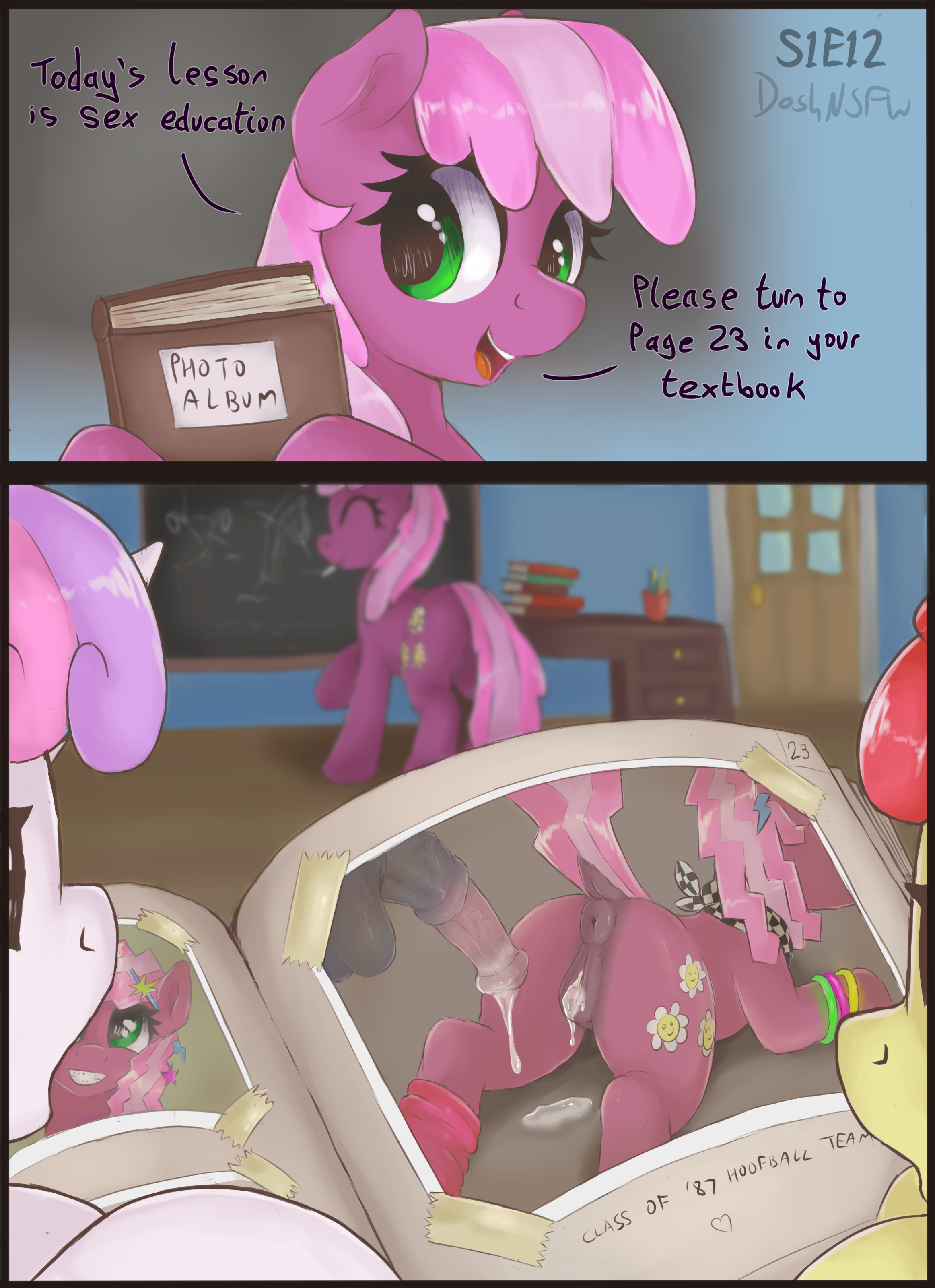 2324px x 3200px - 2619160 - explicit, artist:dosh, apple bloom, cheerilee, sweetie belle,  earth pony, pony, unicorn, series:dosh's mare-a-thon, call of the cutie, 2  panel comic, 80s, 80s cheerilee, aftersex, anus, braces, butt, classroom,  comic, creampie,