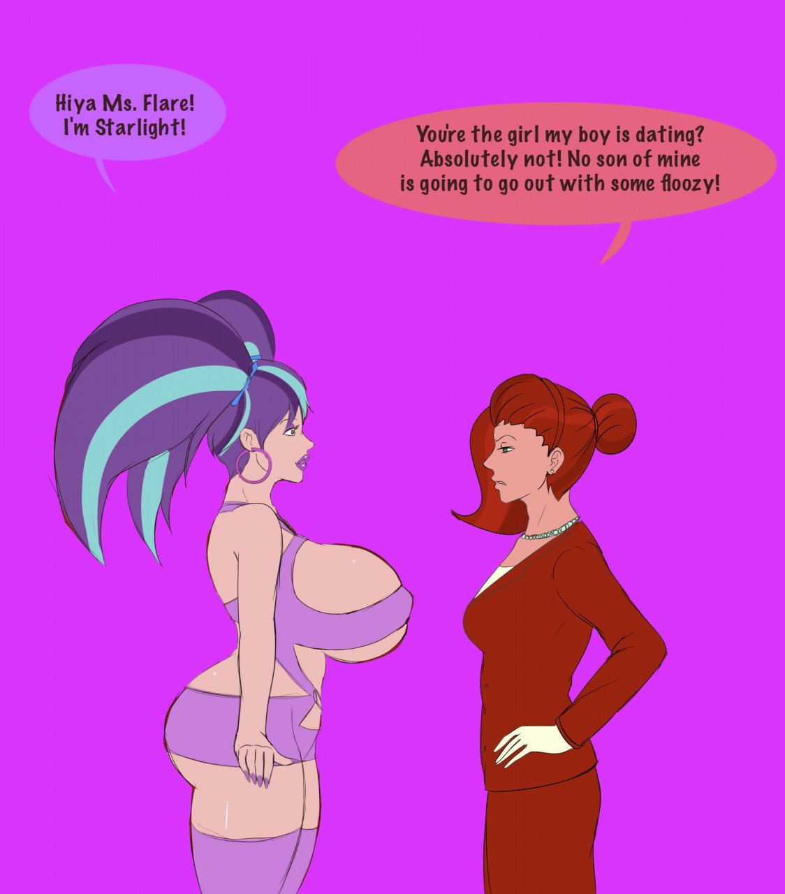 2664853 - questionable, artist:annon, starlight glimmer, stellar flare,  human, g4, big breasts, bimbo, bimbo glimmer, bimboification, bow, breasts,  business suit, busty starlight glimmer, clothes, commission, dialogue, duo,  duo female, ear piercing ...