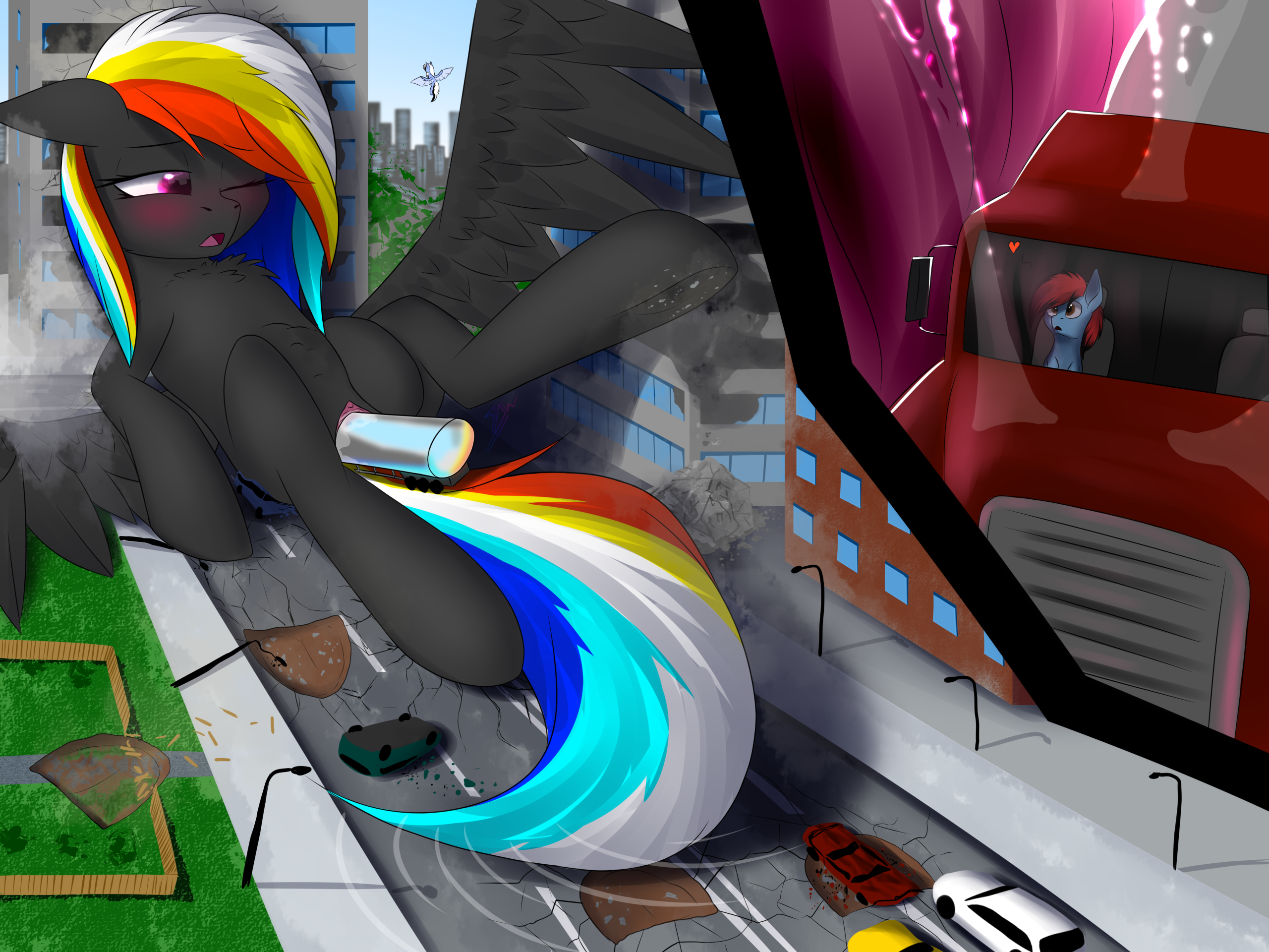 2668031 - explicit, artist:darky_wings, oc, oc only, oc:azzy, oc:darky  wings, oc:genka, earth pony, pegasus, pony, car, city, commission, crushed,  destruction, dirty hooves, female, fetish, giantess, insertion, macro,  micro, nudity, unbirthing ...