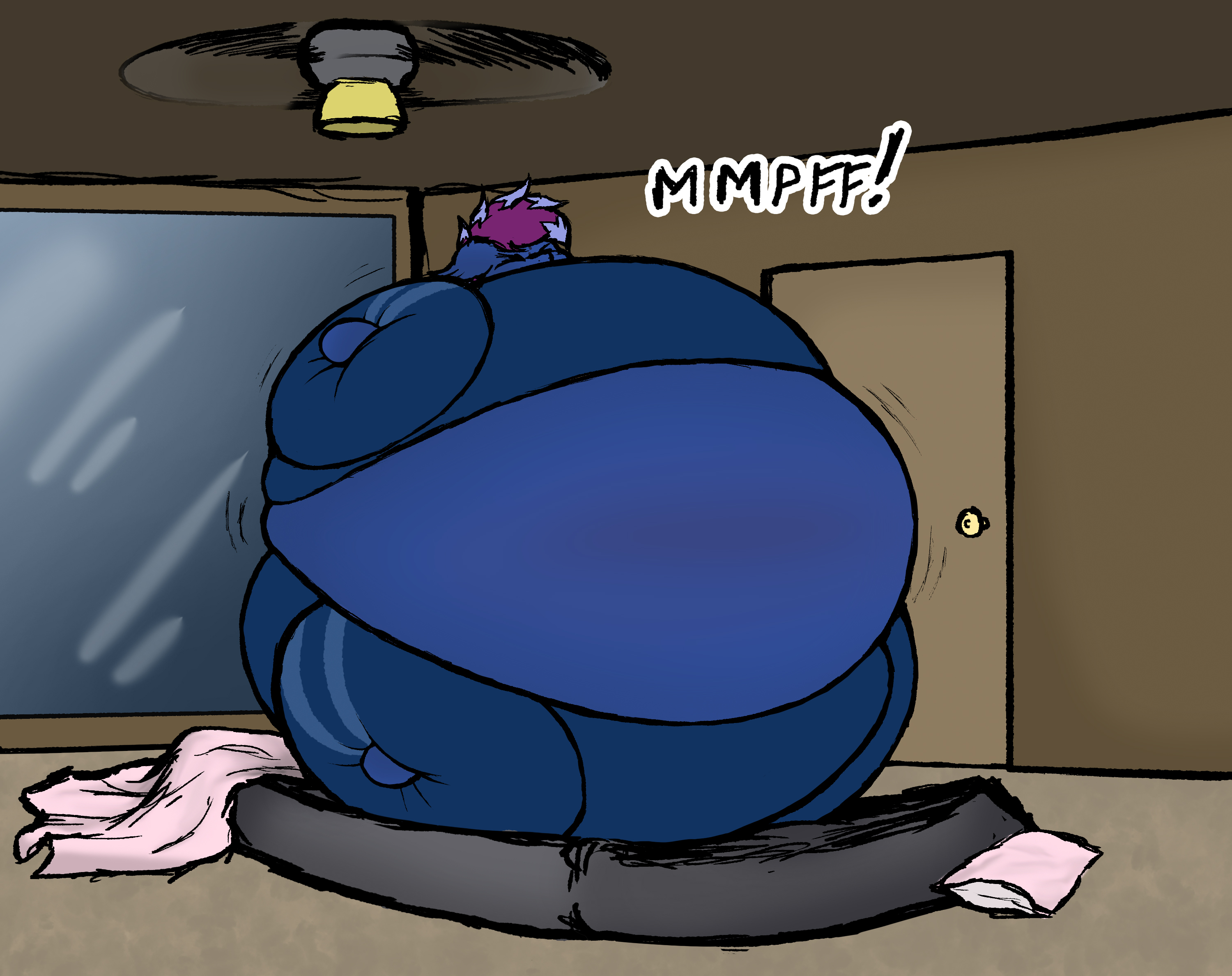 2677661 - questionable, artist:aaatheballoon, oc, oc only, oc:aaaaaaaaaaa,  bat pony, semi-anthro, air mattress, belly, big belly, bingo wings,  blanket, blueberry, blueberry inflation, body inflation, ceiling fan,  charlie and the chocolate factory, eyes