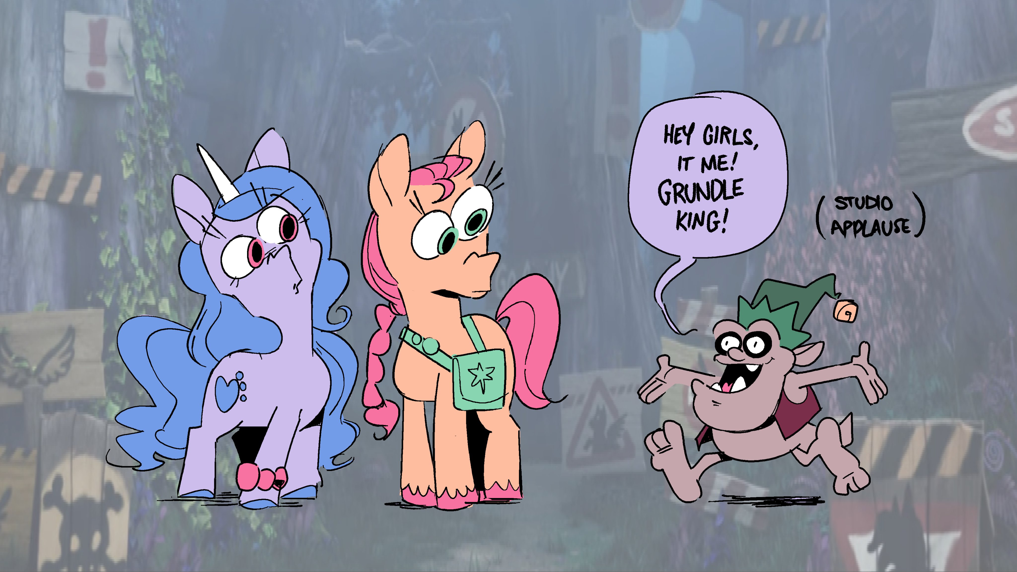 2711101 - safe, artist:kyssimmee, grundle king, izzy moonbow, sunny  starscout, earth pony, grundle, pony, unicorn, g1, g5, my little pony: a  new generation, spoiler:my little pony: a new generation, female, g1 to