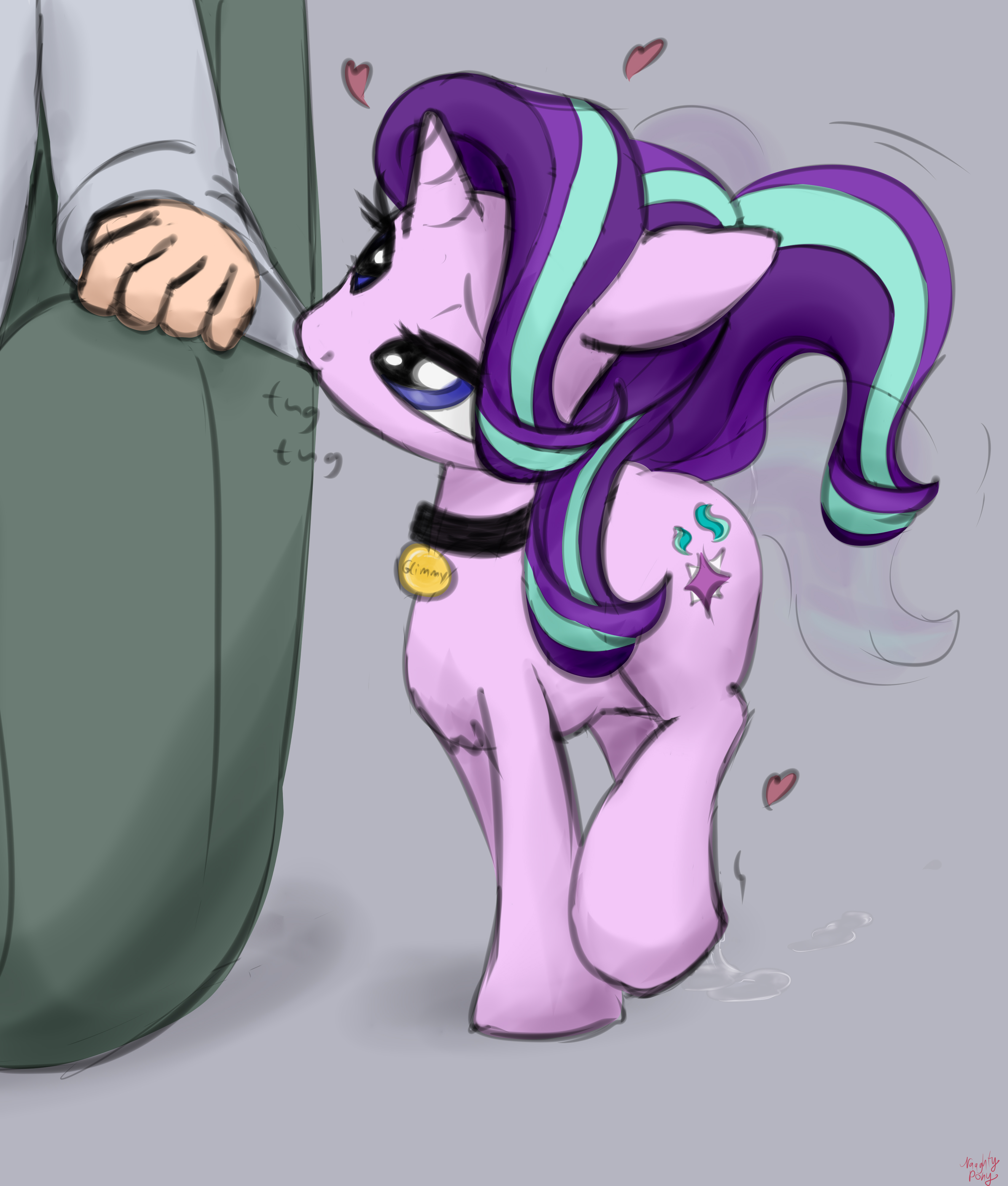 2791375 - questionable, artist:littlenaughtypony, starlight glimmer, oc,  oc:anon, human, pony, unicorn, g4, behaving like a cat, collar, estrus,  female, floating heart, floppy ears, heart, horny, imminent sex, leaking,  offscreen character, offscreen human,