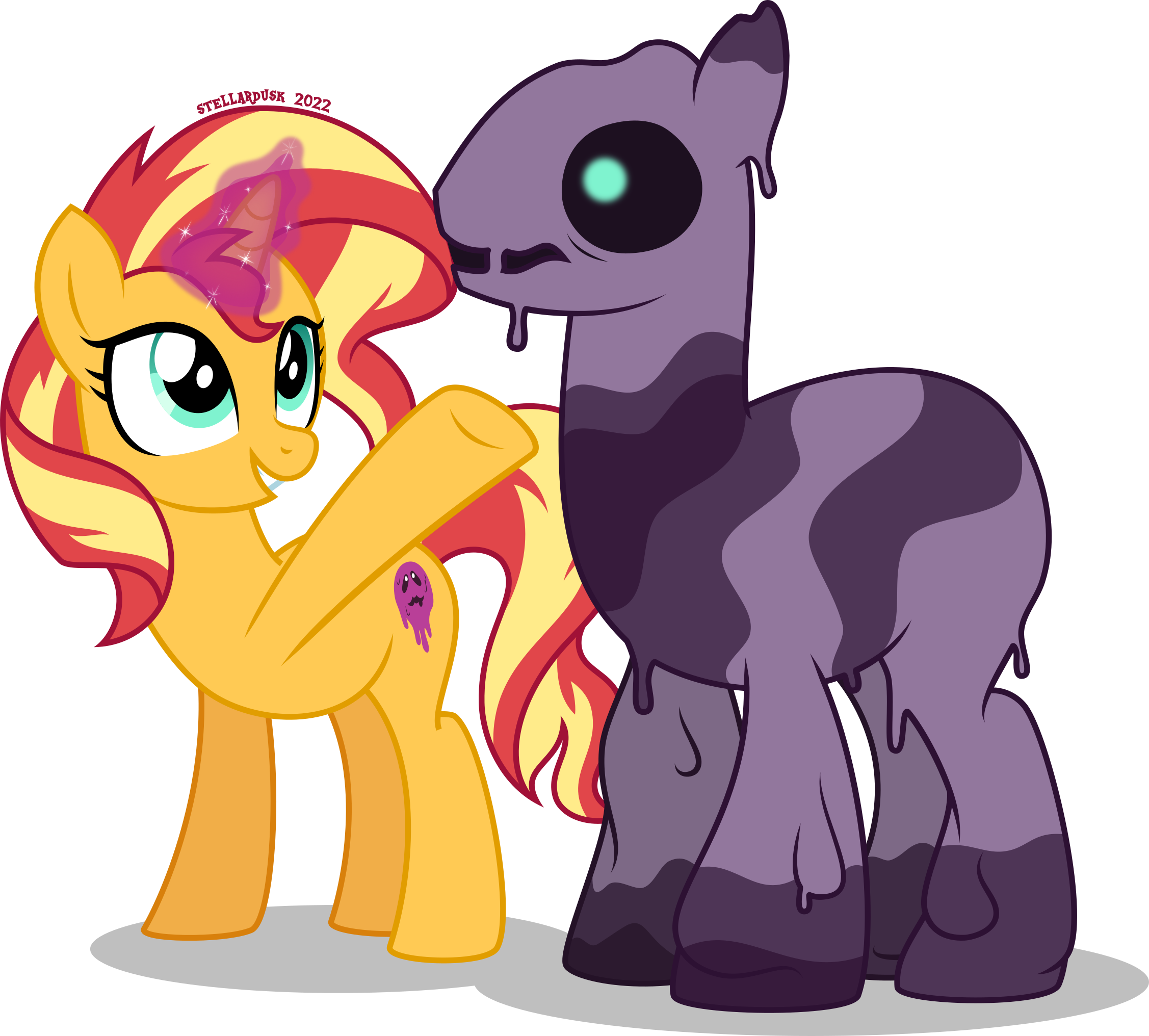 2685138 - safe, artist:ashidaii, earth pony, pony, unicorn, spoiler:the owl  house, abomination (the owl house), african american, amity blight, amulet,  blushing, brown coat, brown mane, brown tail, cloak, clothes, coat  markings, colt