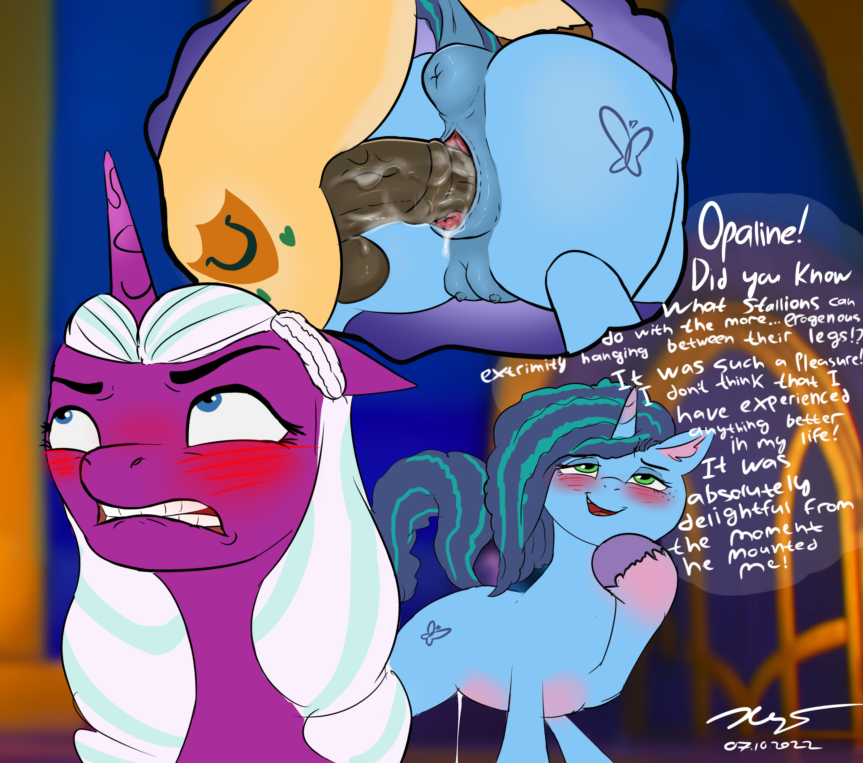 2962037 - explicit, artist:xyi, hitch trailblazer, misty brightdawn,  opaline arcana, alicorn, earth pony, pony, unicorn, g5, spoiler:g5, spoiler:my  little pony: make your mark, aftersex, anus, blushing, butt, creampie,  crotchboobs, cum, female, floppy