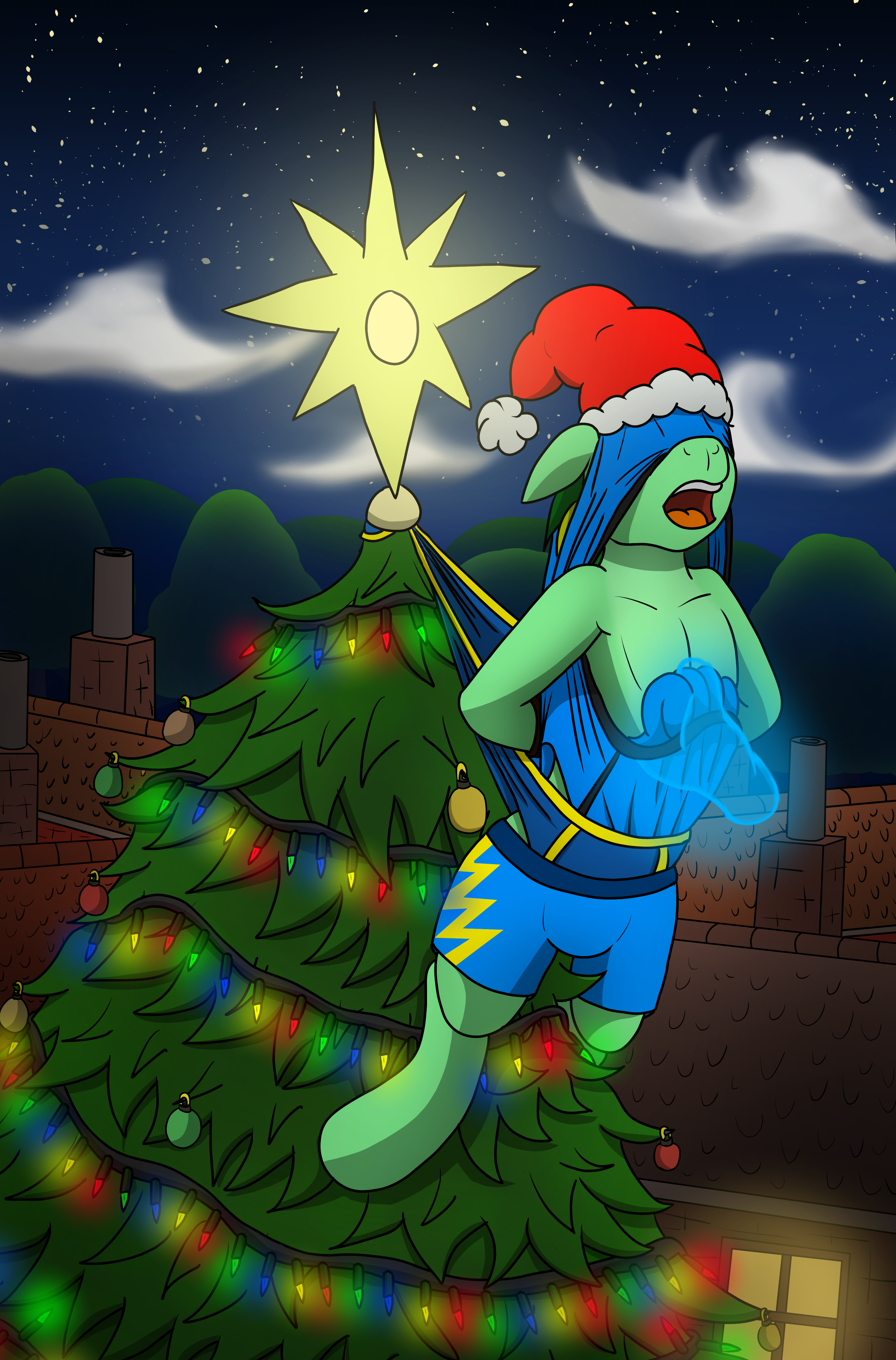 3006072 - suggestive, artist:tacomytaco, oc, oc only, oc:taco.m.tacoson, atomic  wedgie, briefs, christmas, christmas lights, christmas tree, clothes, frontal  wedgie, hanging, hanging wedgie, hat, holiday, male, night, pain, partial  nudity, santa hat ...