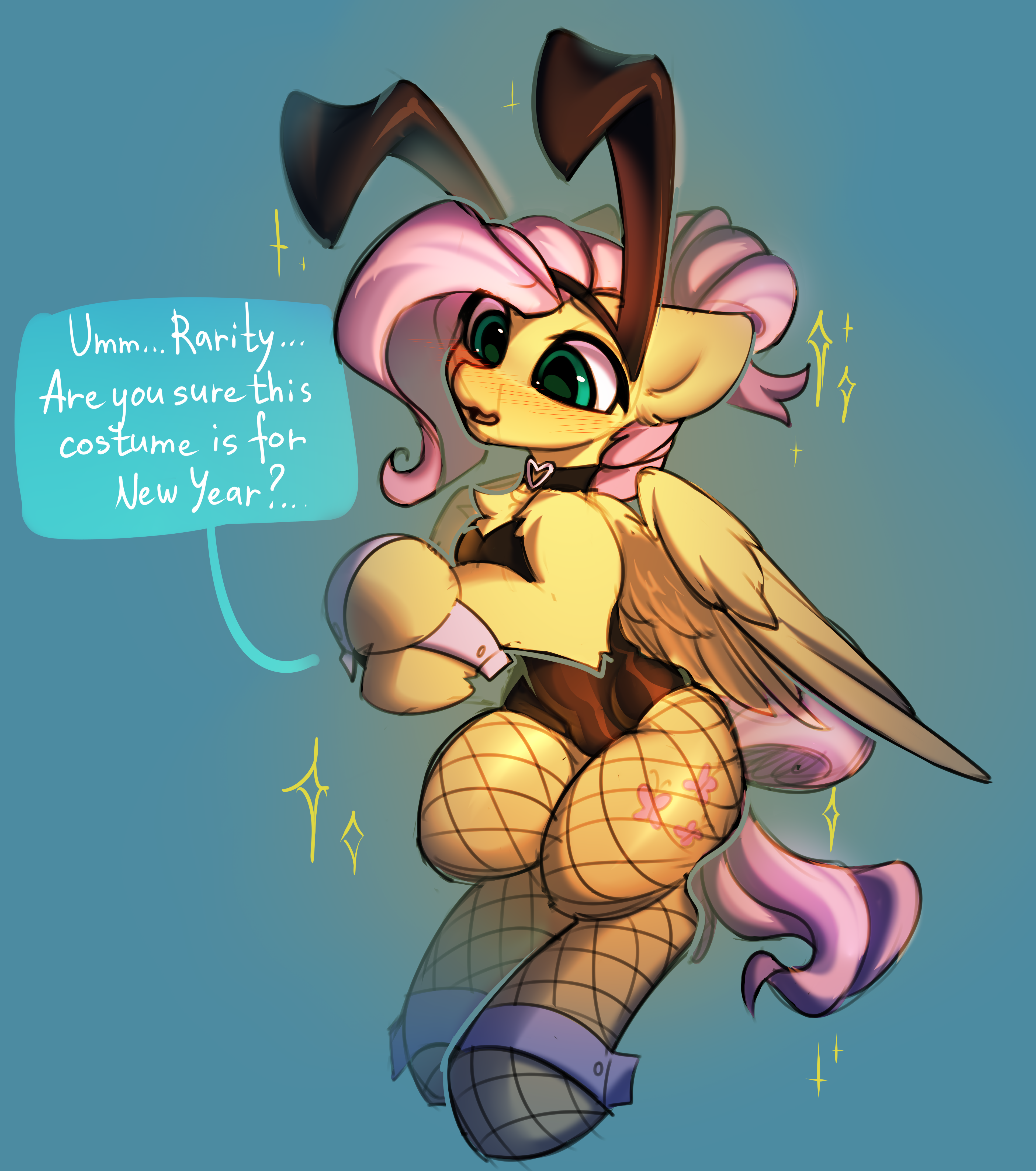 3013150 - safe, artist:gicme, fluttershy, pegasus, pony, g4, blushing,  bunny ears, bunny suit, bunnyshy, chest fluff, clothes, cuffs (clothes),  female, fishnet stockings, flutterbunny, mare, solo, text - Derpibooru