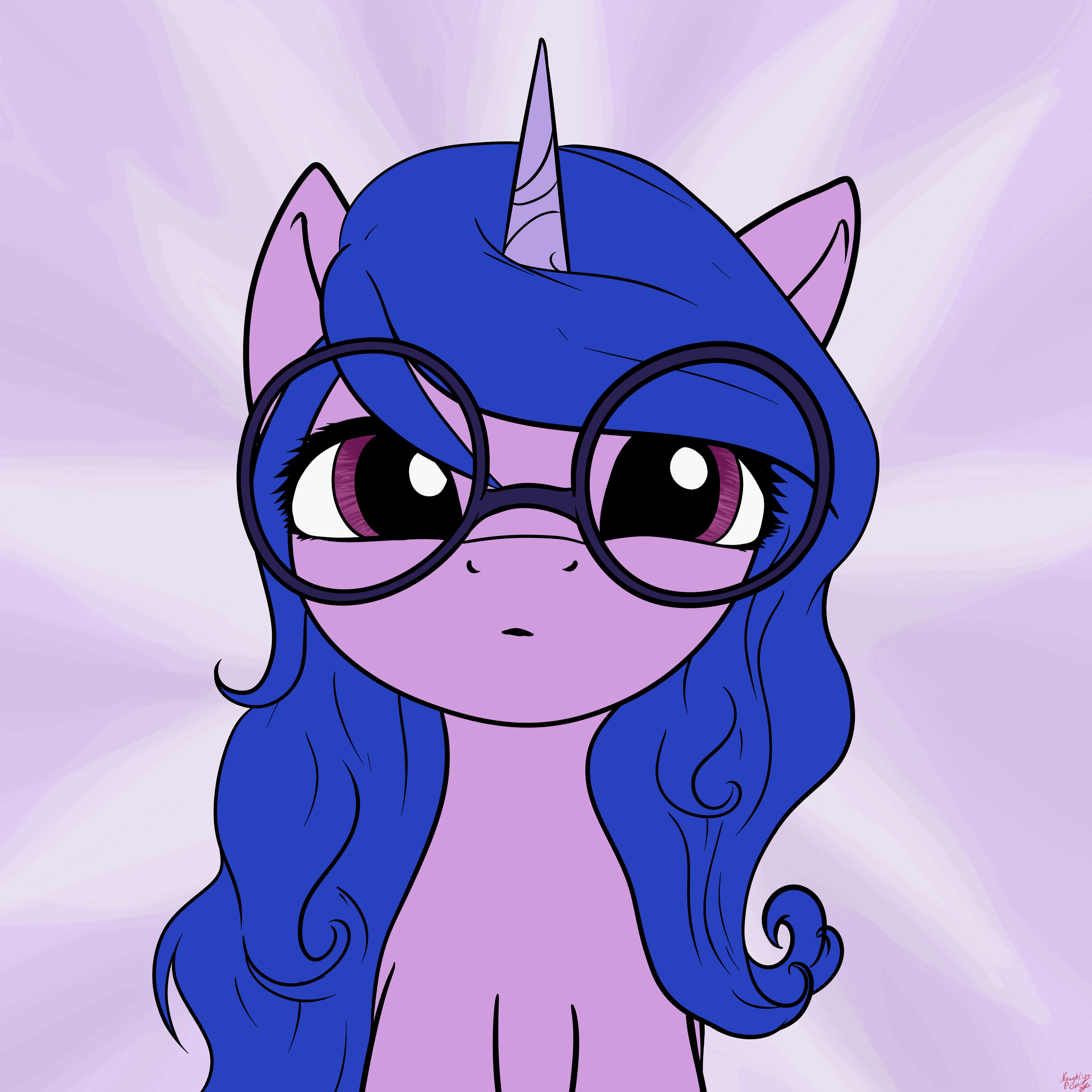 2826166 - safe, alternate version, artist:littlenaughtypony, izzy moonbow,  pony, unicorn, g5, abstract background, animated, bust, female, floppy  ears, gif, glasses, head tilt, high res, horn, looking at you, loop, mare,  meganekko, solo 