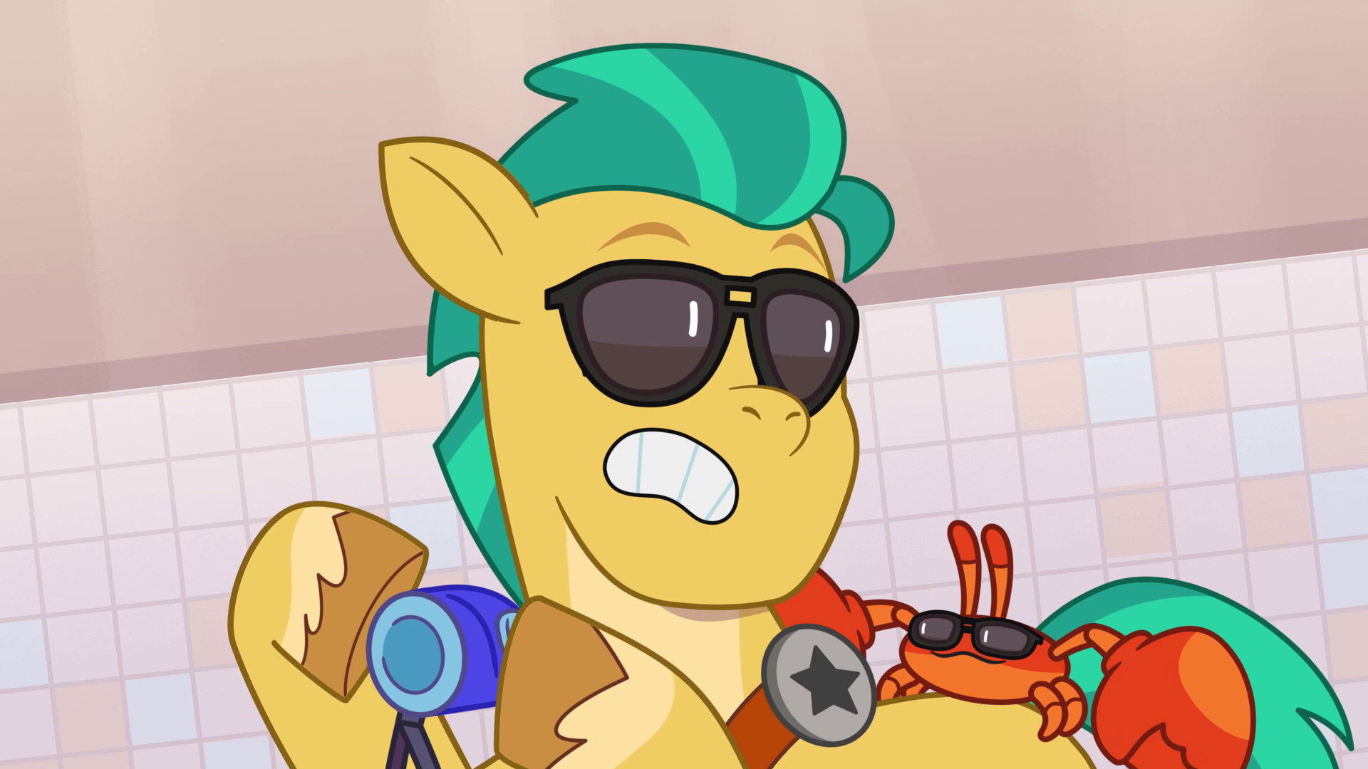 2840551 - safe, screencap, hitch trailblazer, mcsnips-a-lot, crab, earth  pony, pony, a home to share, g5, my little pony: tell your tale,  spoiler:g5, spoiler:my little pony: tell your tale, spoiler:tyts01e01,  pillow, sunglasses -