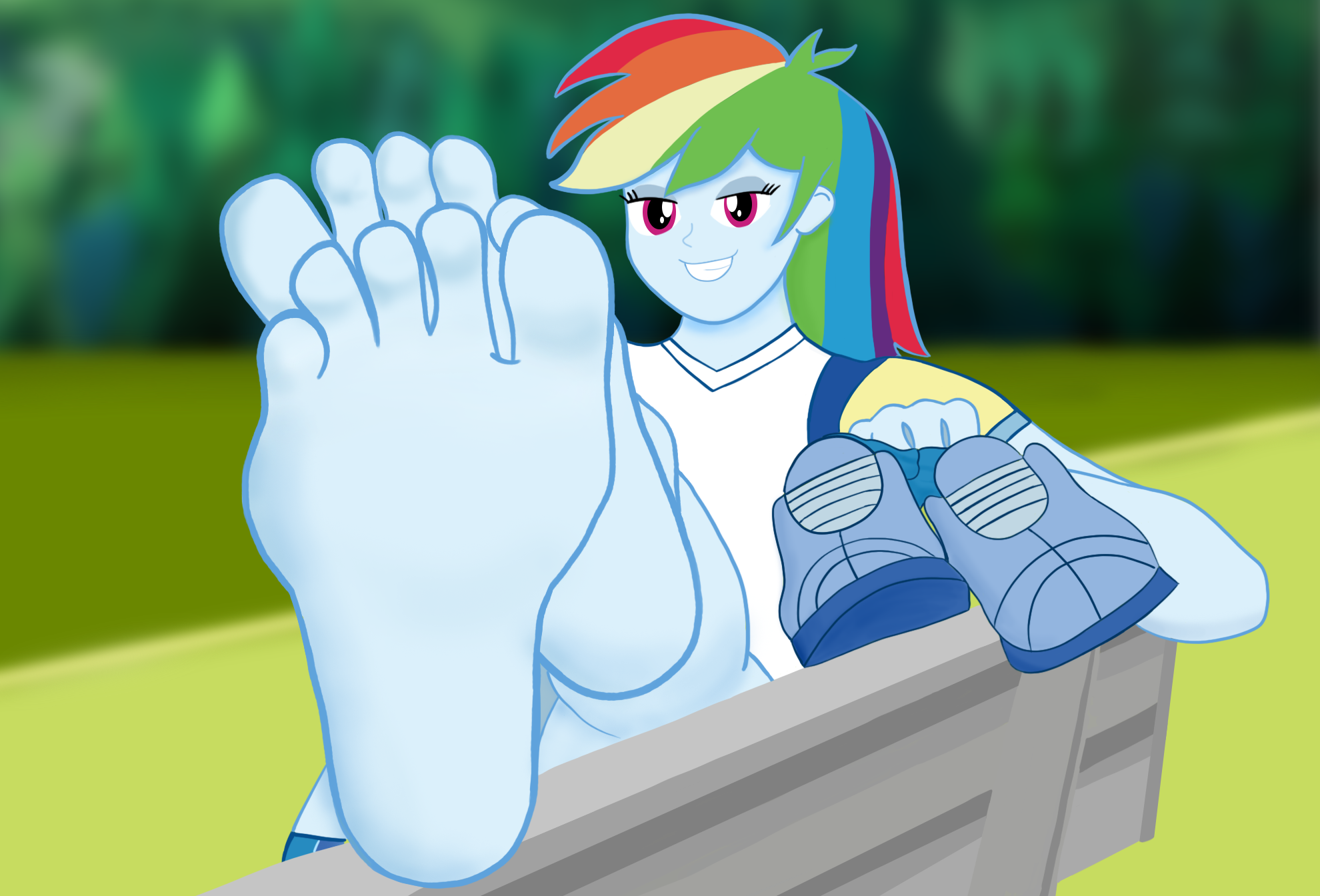 2863447 - safe, artist:greenboy270, rainbow dash, human, equestria girls,  g4, barefoot, bedroom eyes, clothes, feet, fetish, foot fetish, foot focus,  grin, looking at you, sexy, shoes, shoes removed, smiling, soles, toes -  Derpibooru