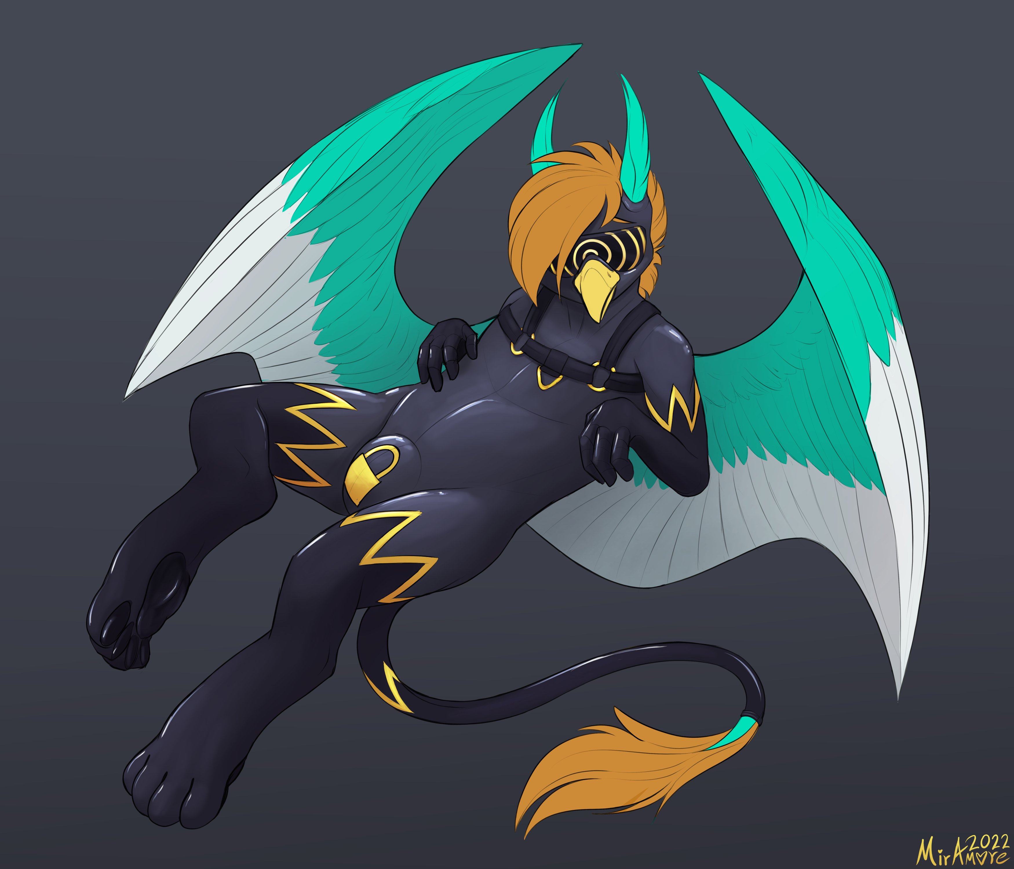 2865944 - questionable, artist:miramore, oc, oc:pure gold, griffon, 2022,  bdsm, beak, bondage, chastity, clothes, commission, costume, crotch bulge,  gloves, gold, green wings, griffon oc, harness, high res, hypnogear,  hypnosis, hypnotized, latex, latex