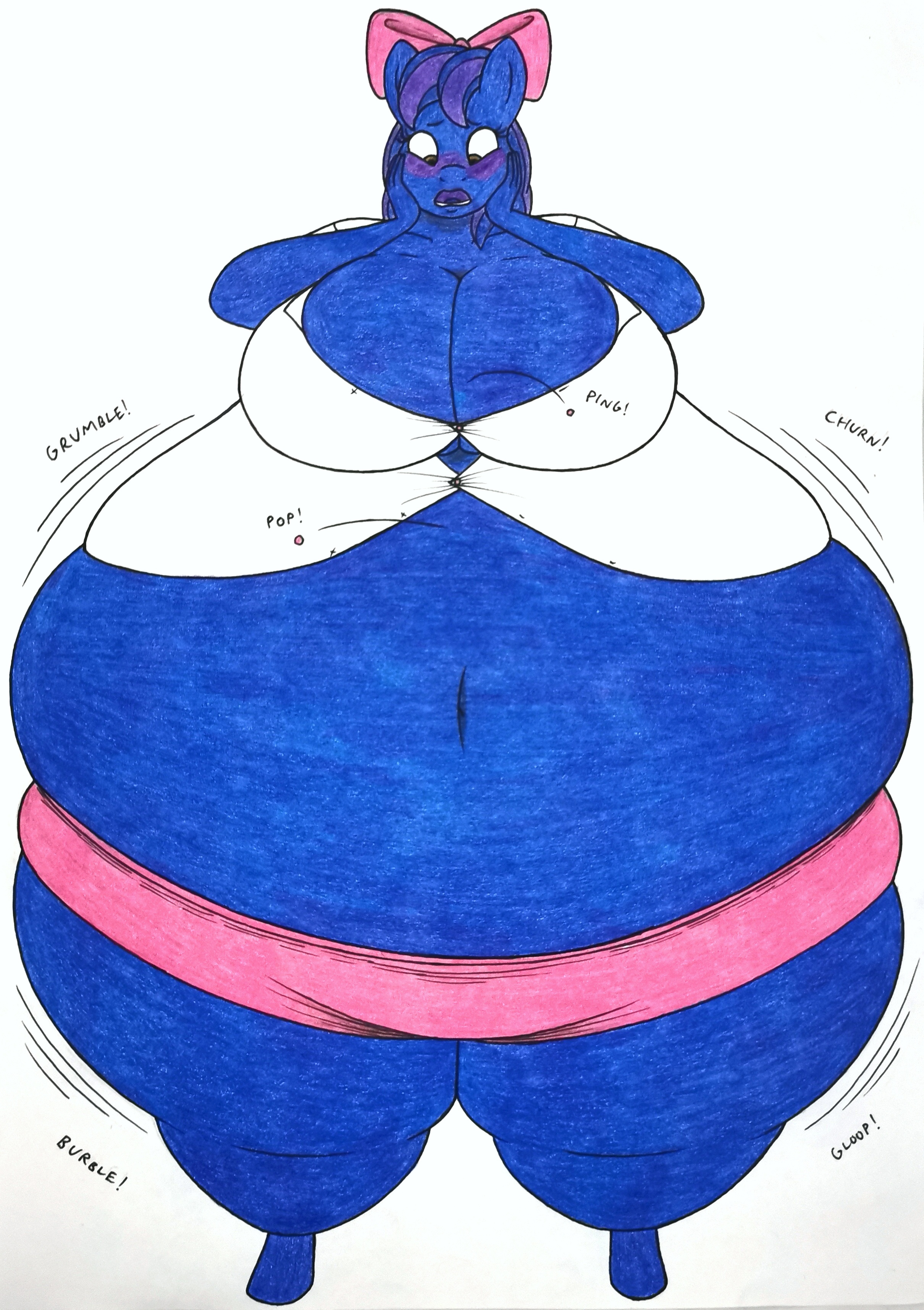 2869887 - questionable, artist:thaliaglacyswells, oc, oc:sundae shake,  anthro, unguligrade anthro, belly, belly button, big belly, big breasts,  blueberry inflation, breasts, button popping, cleavage, female, high res,  huge belly, huge breasts ...